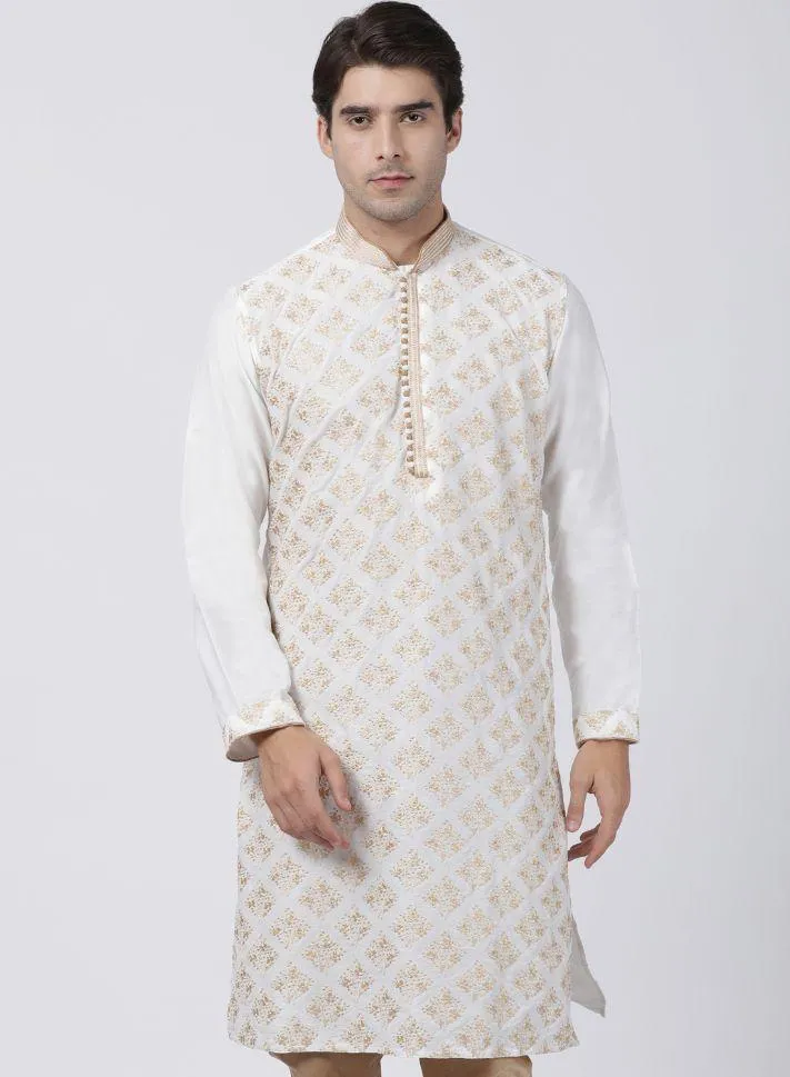 VASTRAMAY Men's White Cotton Silk Blend Kurta