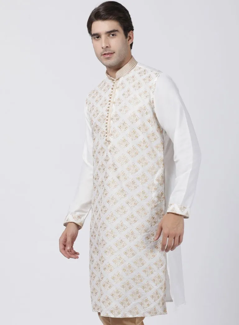 VASTRAMAY Men's White Cotton Silk Blend Kurta