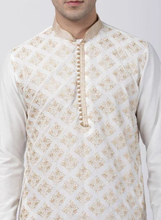 VASTRAMAY Men's White Cotton Silk Blend Kurta