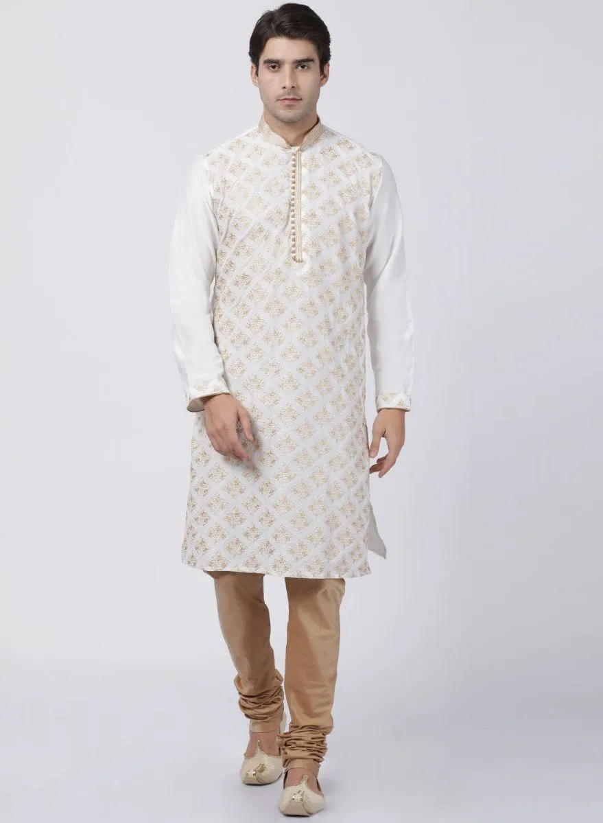 VASTRAMAY Men's White Cotton Silk Blend Kurta