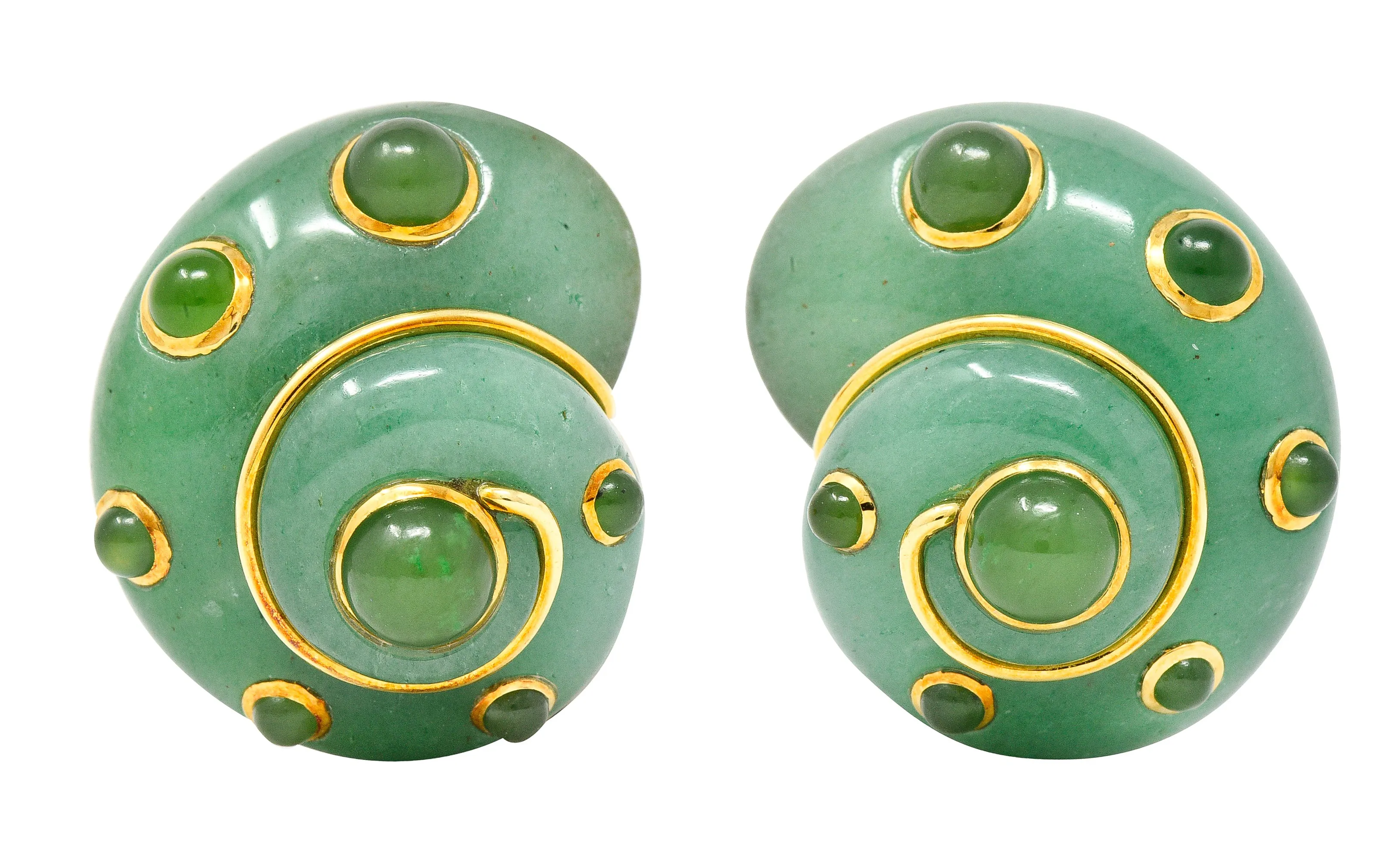 Verdura 1980's  Carved Aventurine Nephrite Jade Cabochon 18 Karat Yellow Gold Sea Shell Vintage Earrings