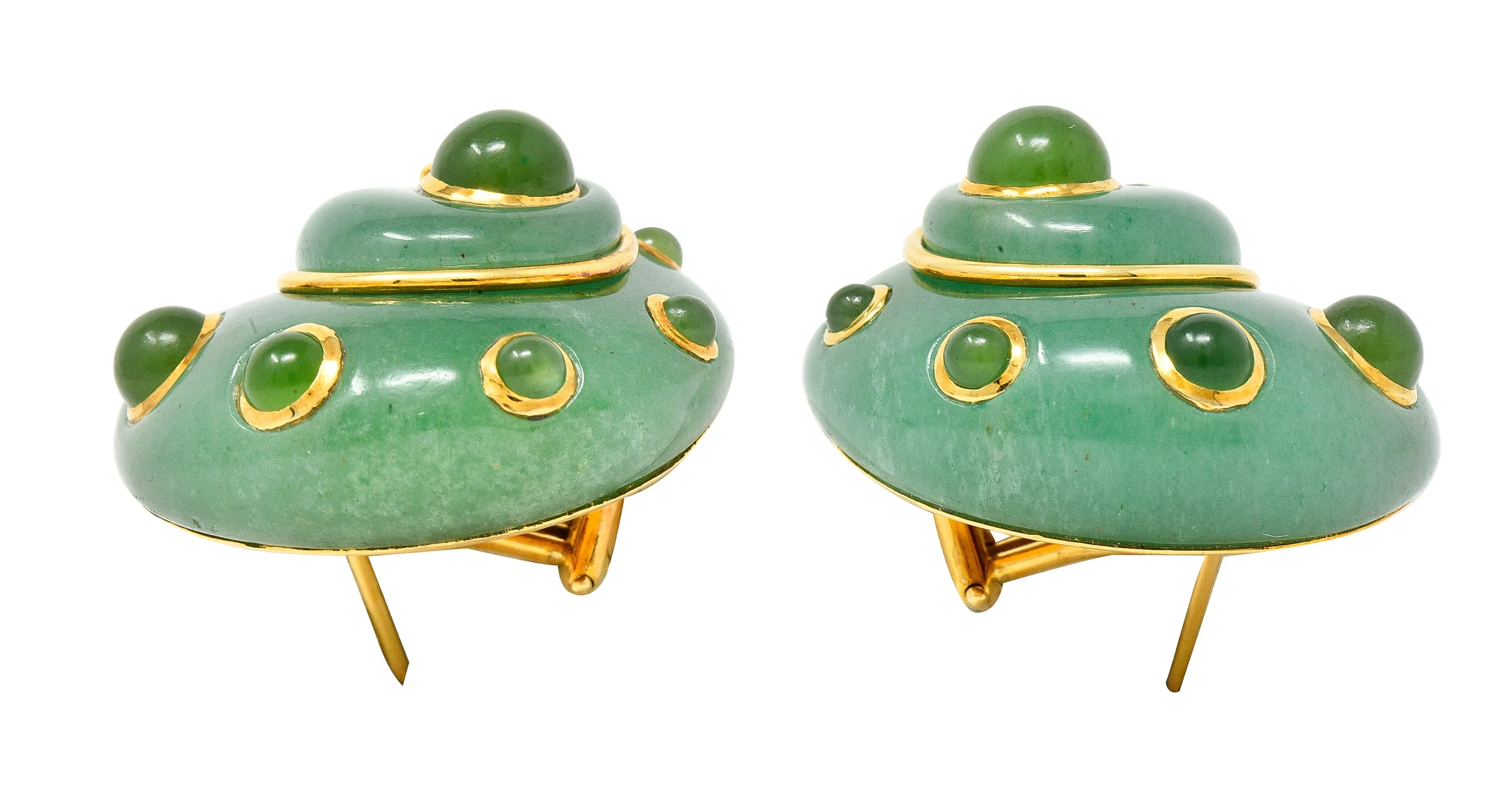 Verdura 1980's  Carved Aventurine Nephrite Jade Cabochon 18 Karat Yellow Gold Sea Shell Vintage Earrings