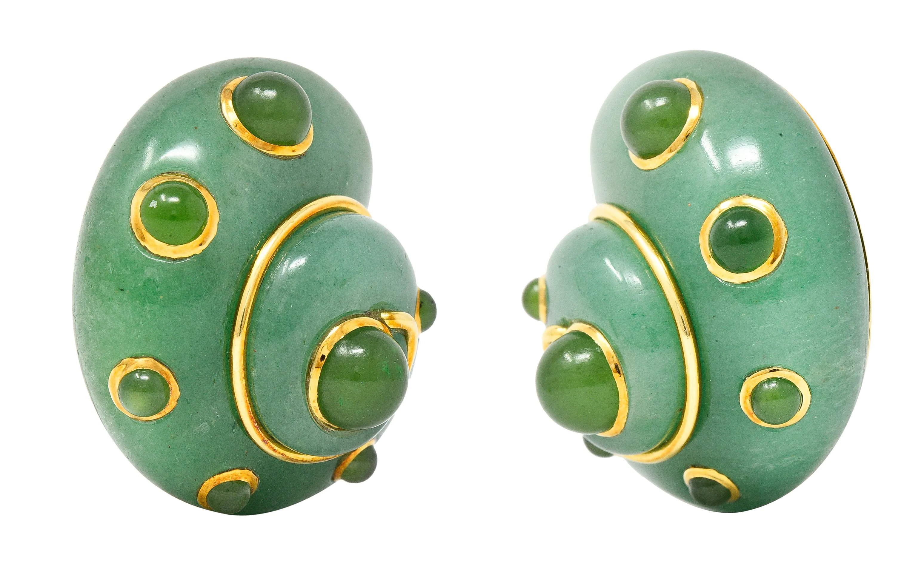 Verdura 1980's  Carved Aventurine Nephrite Jade Cabochon 18 Karat Yellow Gold Sea Shell Vintage Earrings