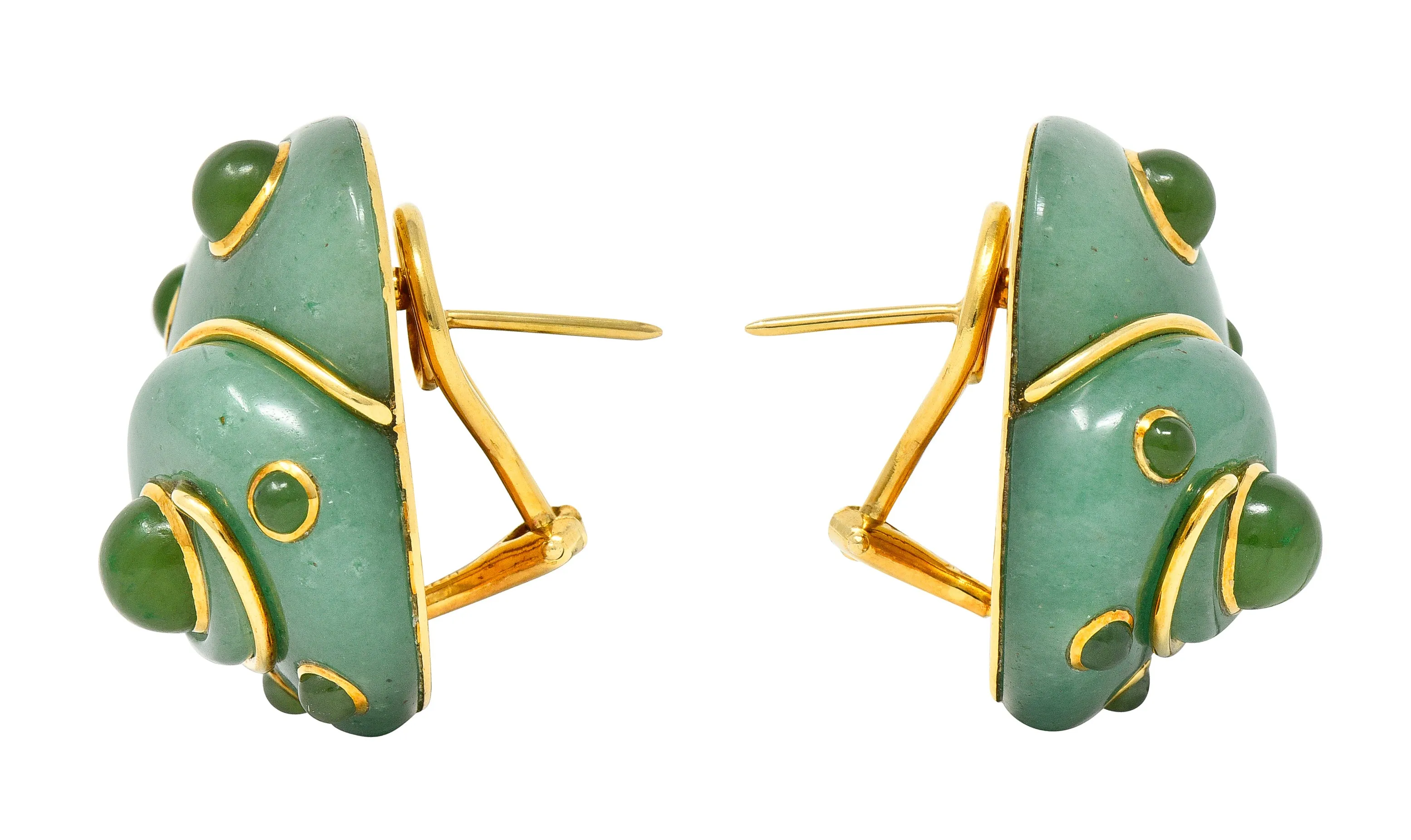 Verdura 1980's  Carved Aventurine Nephrite Jade Cabochon 18 Karat Yellow Gold Sea Shell Vintage Earrings