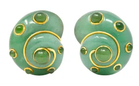 Verdura 1980's  Carved Aventurine Nephrite Jade Cabochon 18 Karat Yellow Gold Sea Shell Vintage Earrings