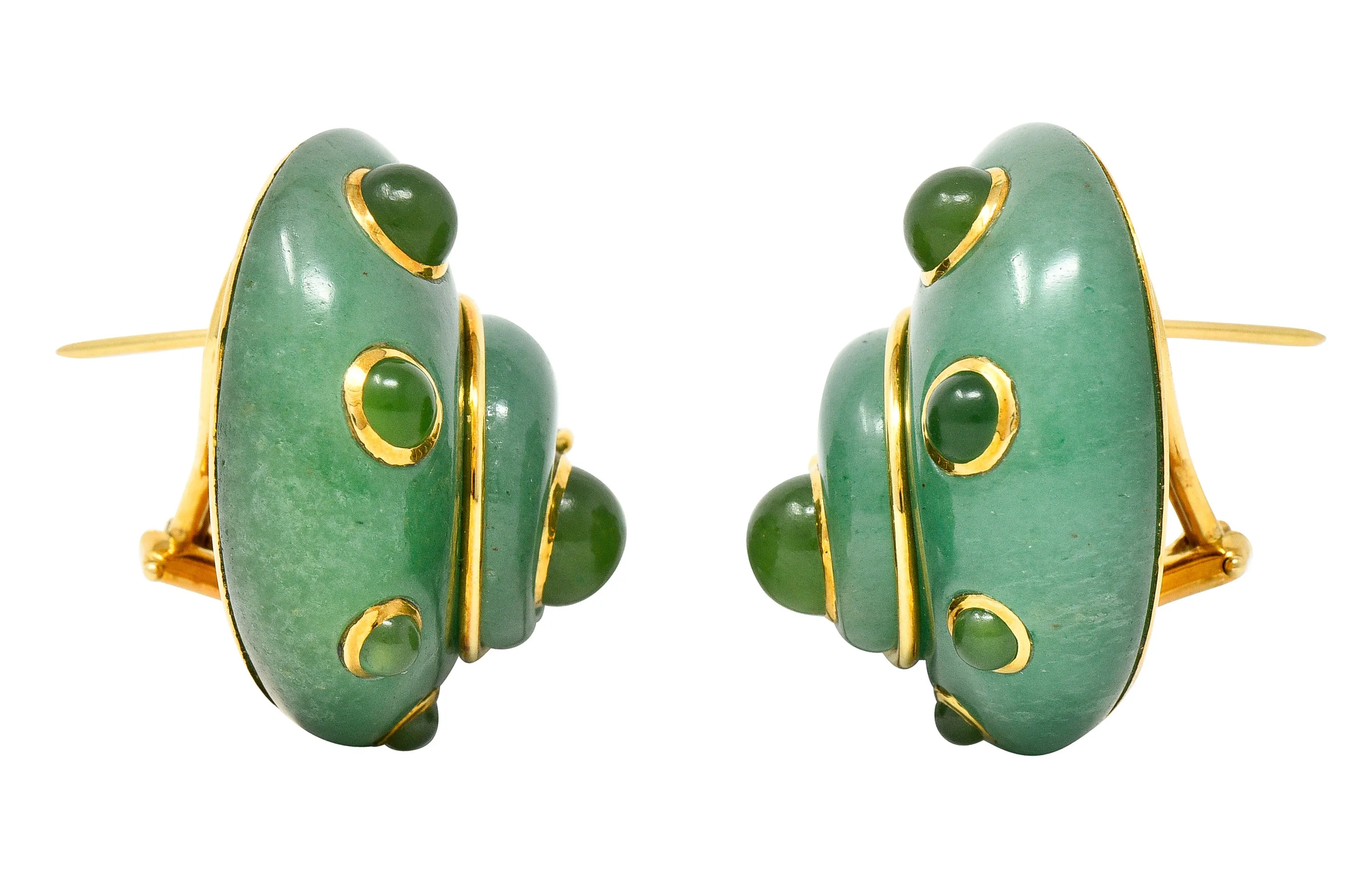 Verdura 1980's  Carved Aventurine Nephrite Jade Cabochon 18 Karat Yellow Gold Sea Shell Vintage Earrings