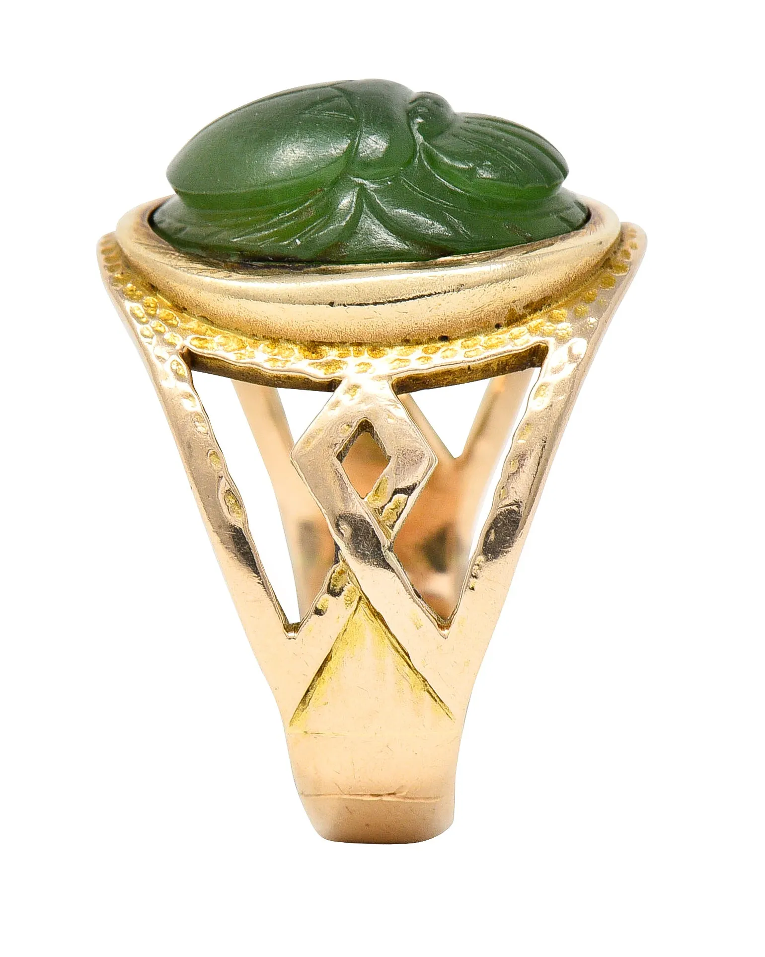 Victorian Egyptian Revival Carved Nephrite 14 Karat Yellow Gold Antique Scarab Ring