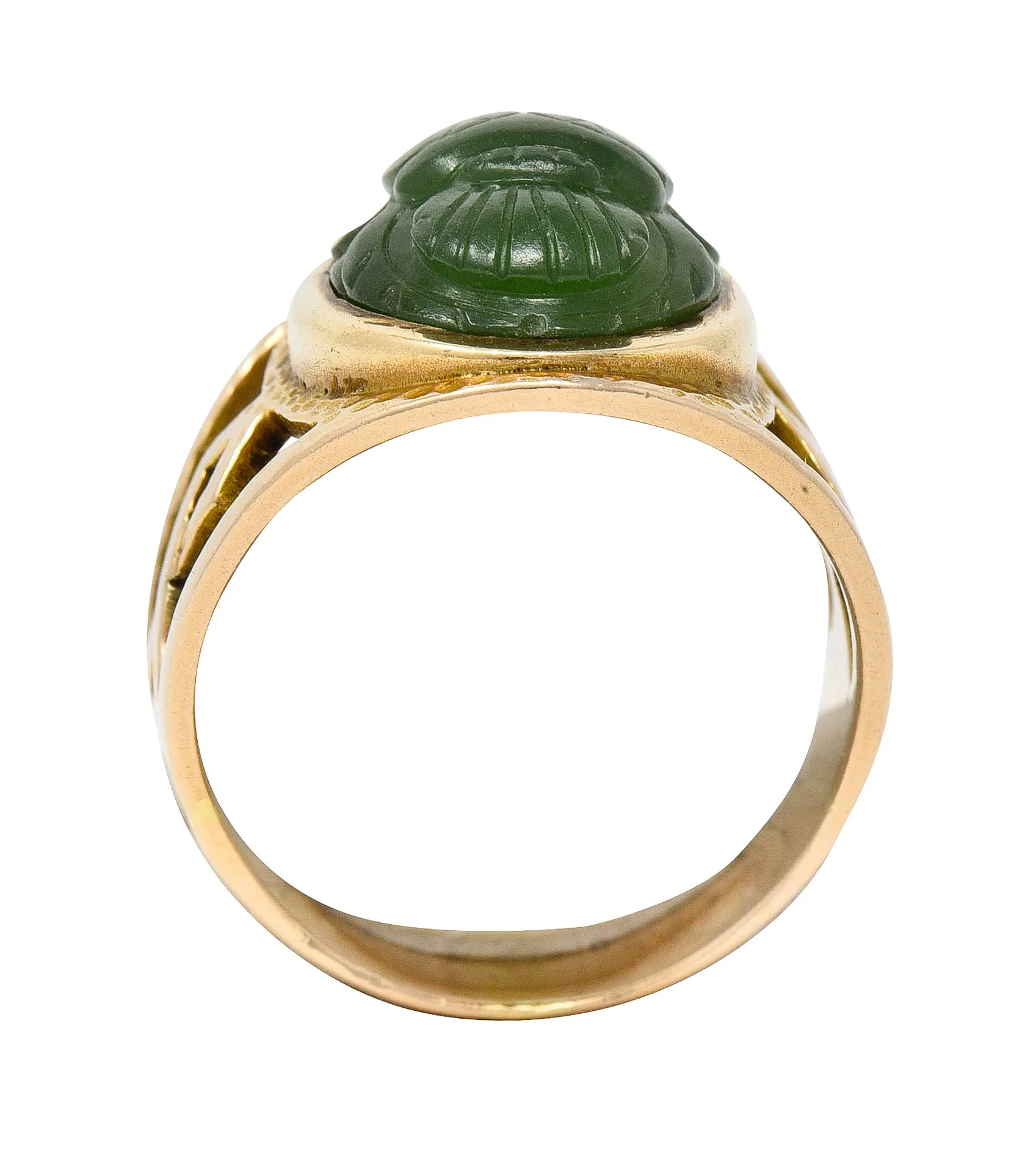 Victorian Egyptian Revival Carved Nephrite 14 Karat Yellow Gold Antique Scarab Ring