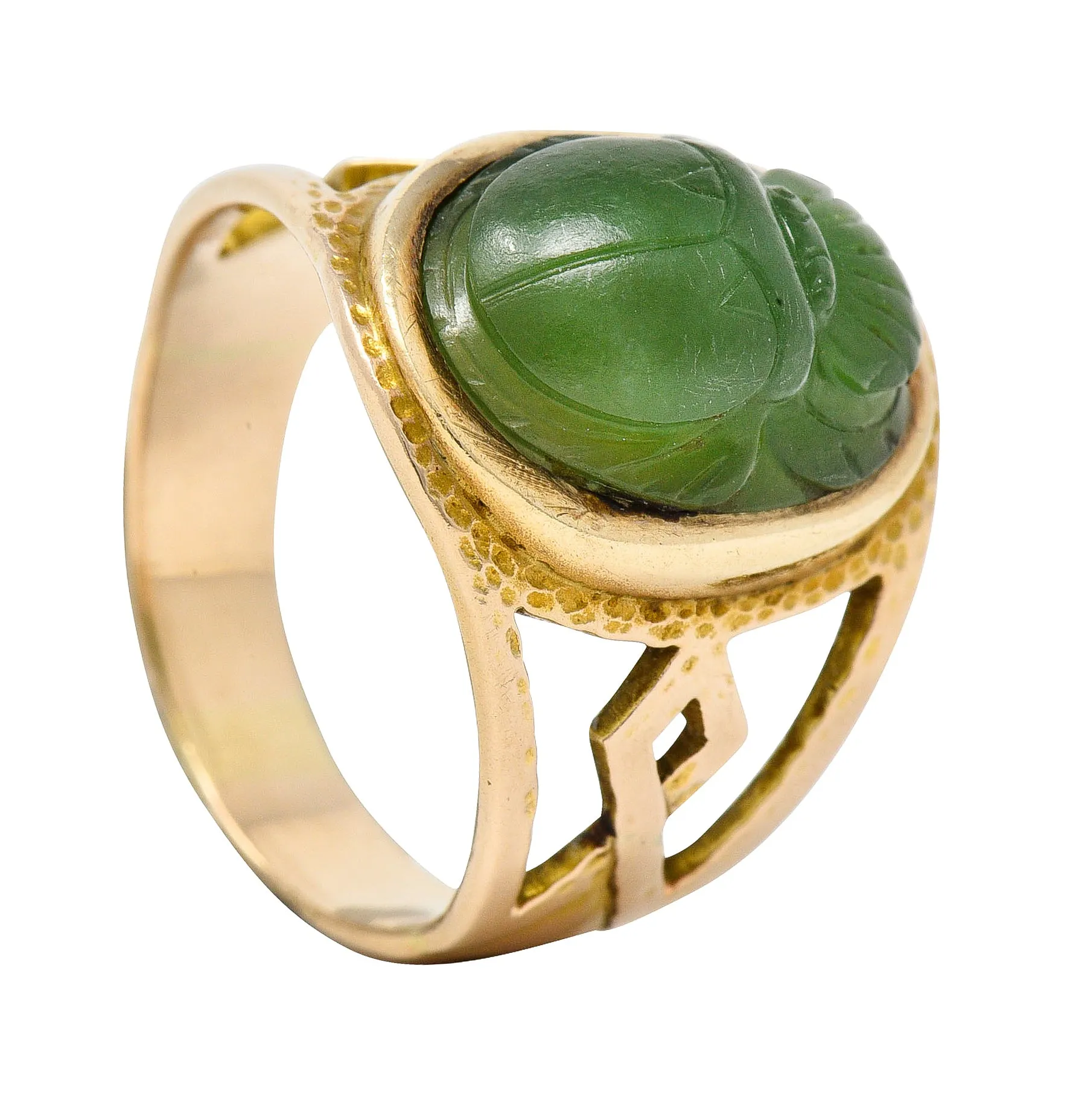 Victorian Egyptian Revival Carved Nephrite 14 Karat Yellow Gold Antique Scarab Ring