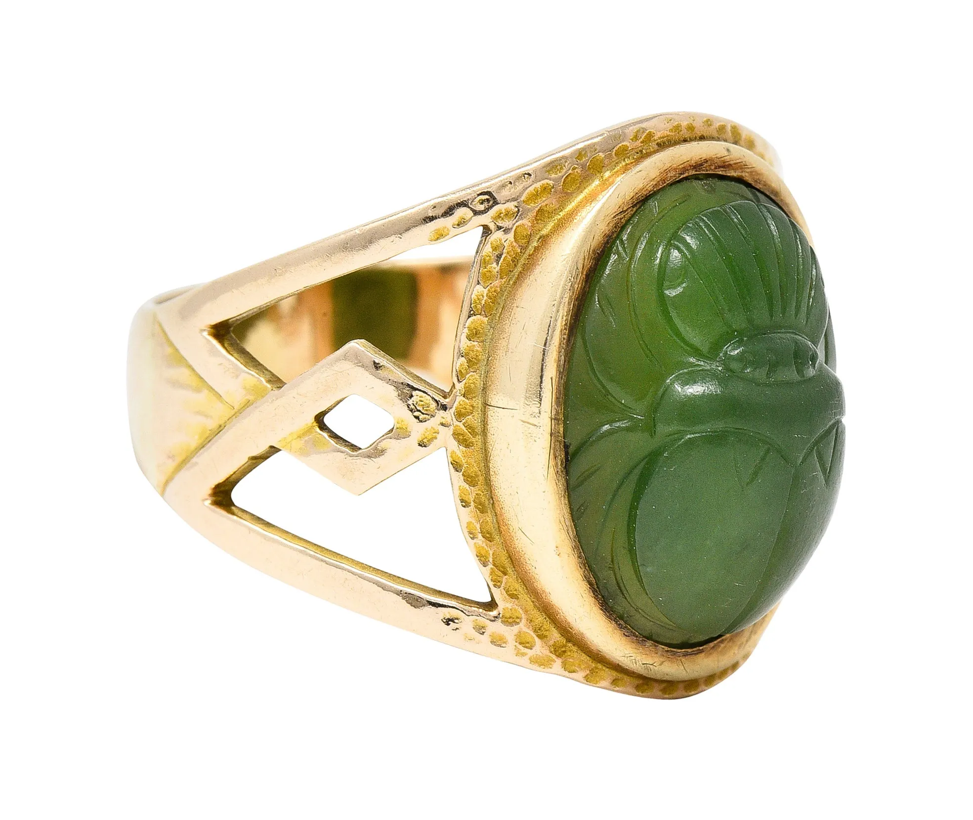 Victorian Egyptian Revival Carved Nephrite 14 Karat Yellow Gold Antique Scarab Ring