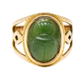 Victorian Egyptian Revival Carved Nephrite 14 Karat Yellow Gold Antique Scarab Ring