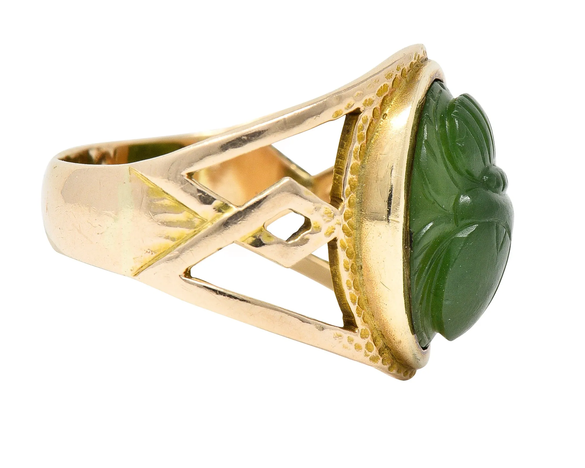 Victorian Egyptian Revival Carved Nephrite 14 Karat Yellow Gold Antique Scarab Ring