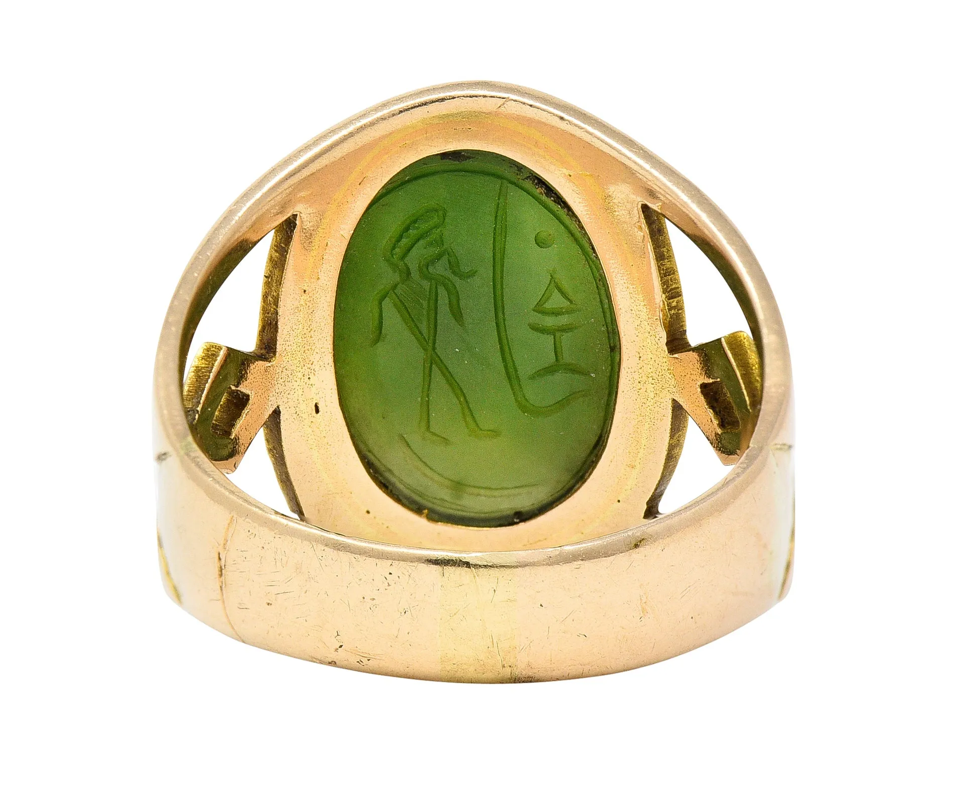 Victorian Egyptian Revival Carved Nephrite 14 Karat Yellow Gold Antique Scarab Ring