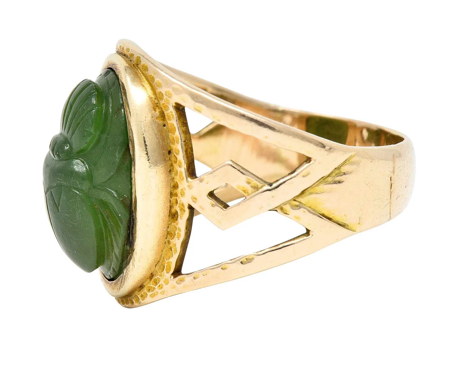 Victorian Egyptian Revival Carved Nephrite 14 Karat Yellow Gold Antique Scarab Ring