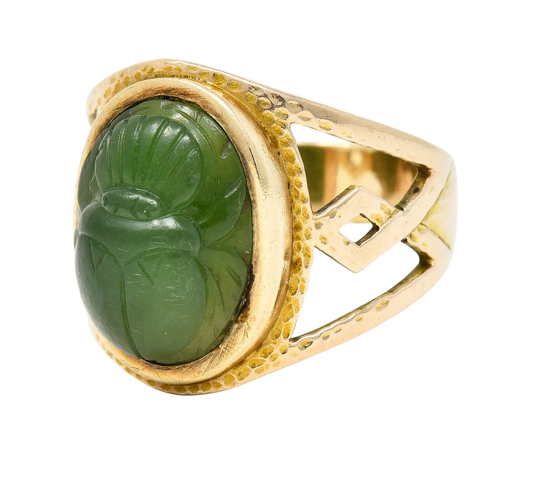 Victorian Egyptian Revival Carved Nephrite 14 Karat Yellow Gold Antique Scarab Ring