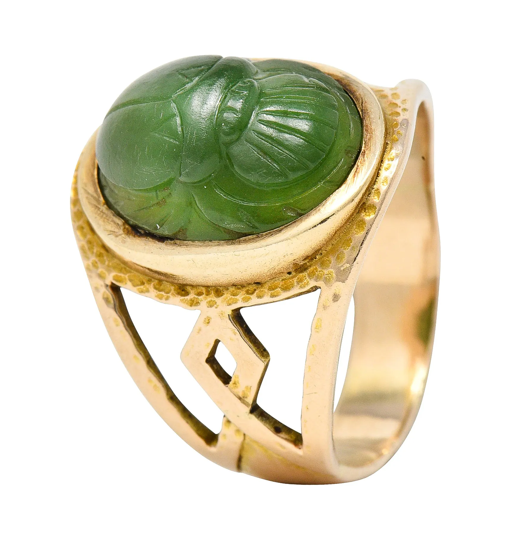 Victorian Egyptian Revival Carved Nephrite 14 Karat Yellow Gold Antique Scarab Ring