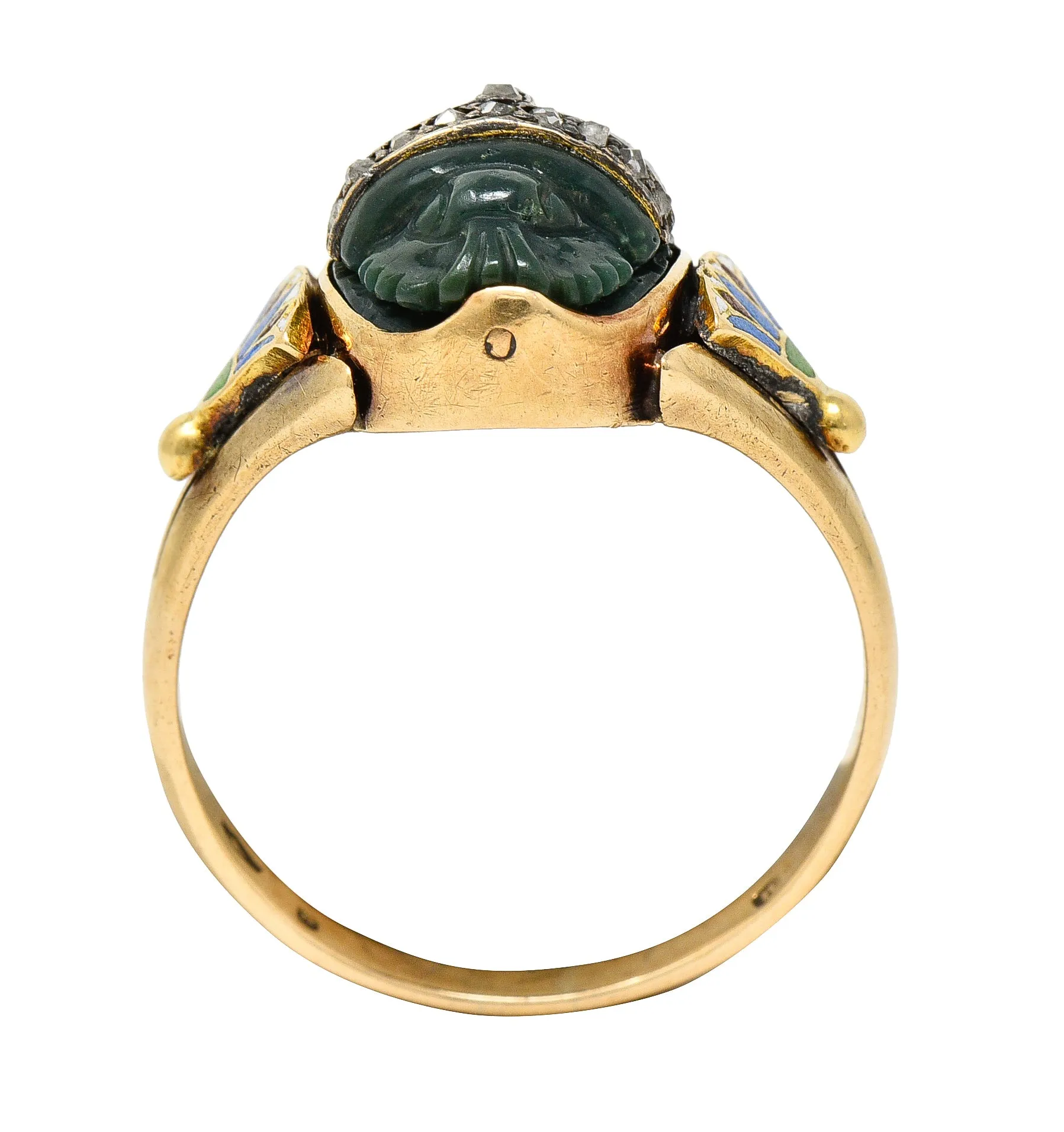 Victorian Egyptian Revival Diamond Enamel Carved Nephrite 14 Karat Yellow Gold Scarab Lotus Antique Ring