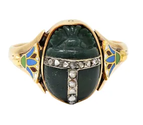 Victorian Egyptian Revival Diamond Enamel Carved Nephrite 14 Karat Yellow Gold Scarab Lotus Antique Ring