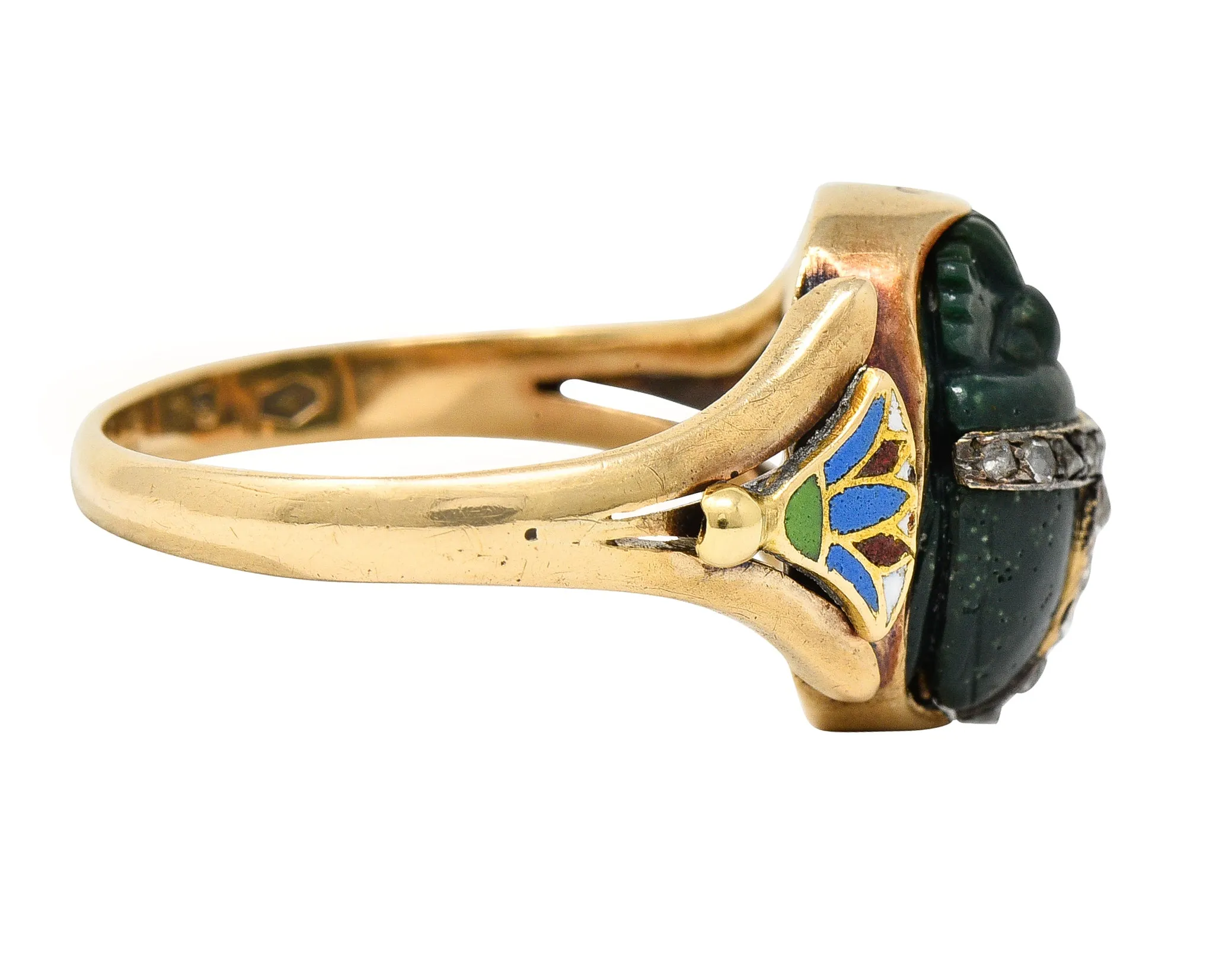 Victorian Egyptian Revival Diamond Enamel Carved Nephrite 14 Karat Yellow Gold Scarab Lotus Antique Ring