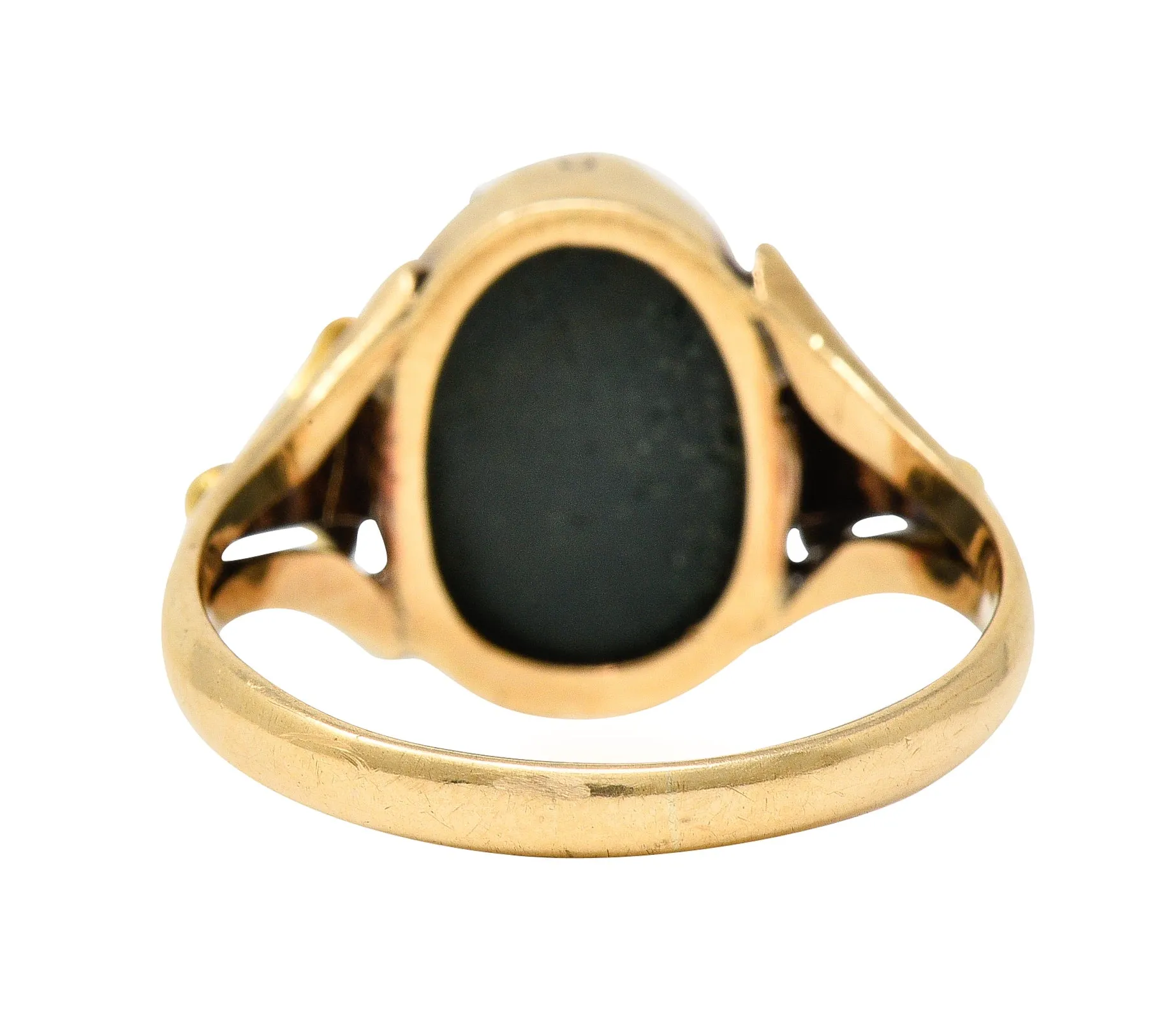 Victorian Egyptian Revival Diamond Enamel Carved Nephrite 14 Karat Yellow Gold Scarab Lotus Antique Ring