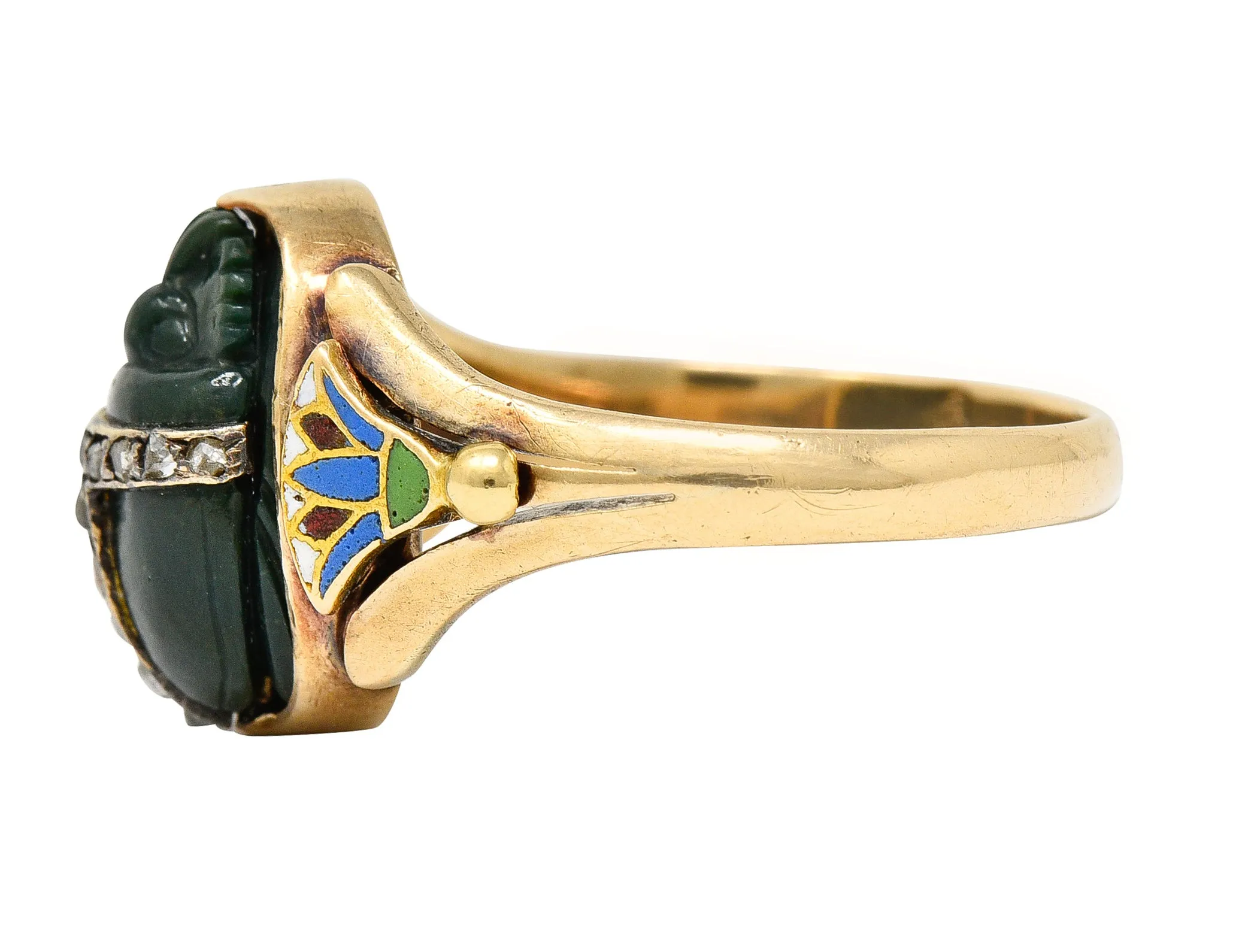 Victorian Egyptian Revival Diamond Enamel Carved Nephrite 14 Karat Yellow Gold Scarab Lotus Antique Ring