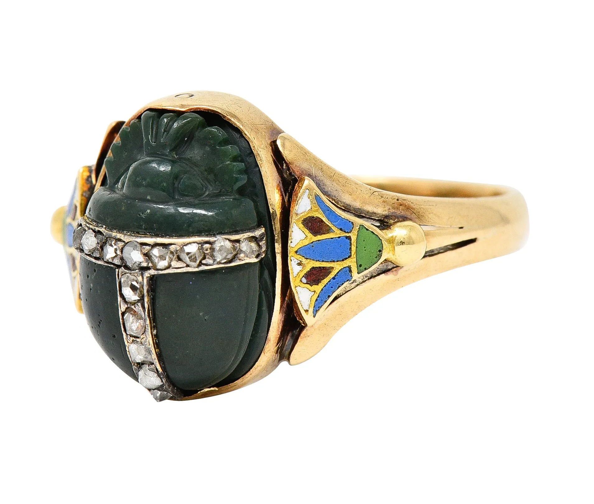 Victorian Egyptian Revival Diamond Enamel Carved Nephrite 14 Karat Yellow Gold Scarab Lotus Antique Ring