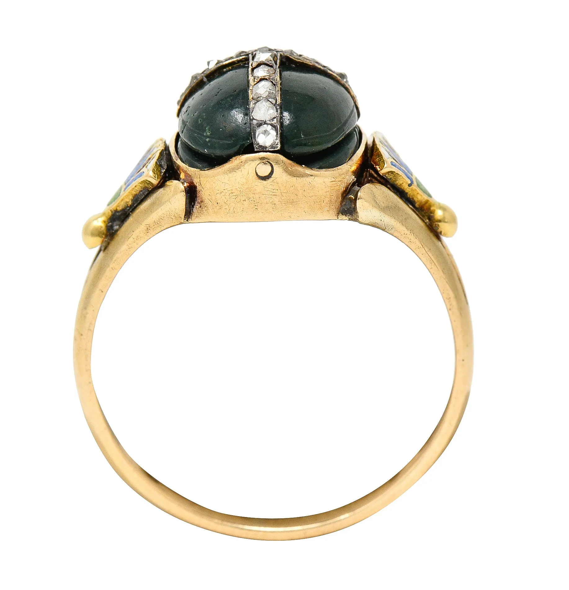 Victorian Egyptian Revival Diamond Enamel Carved Nephrite 14 Karat Yellow Gold Scarab Lotus Antique Ring