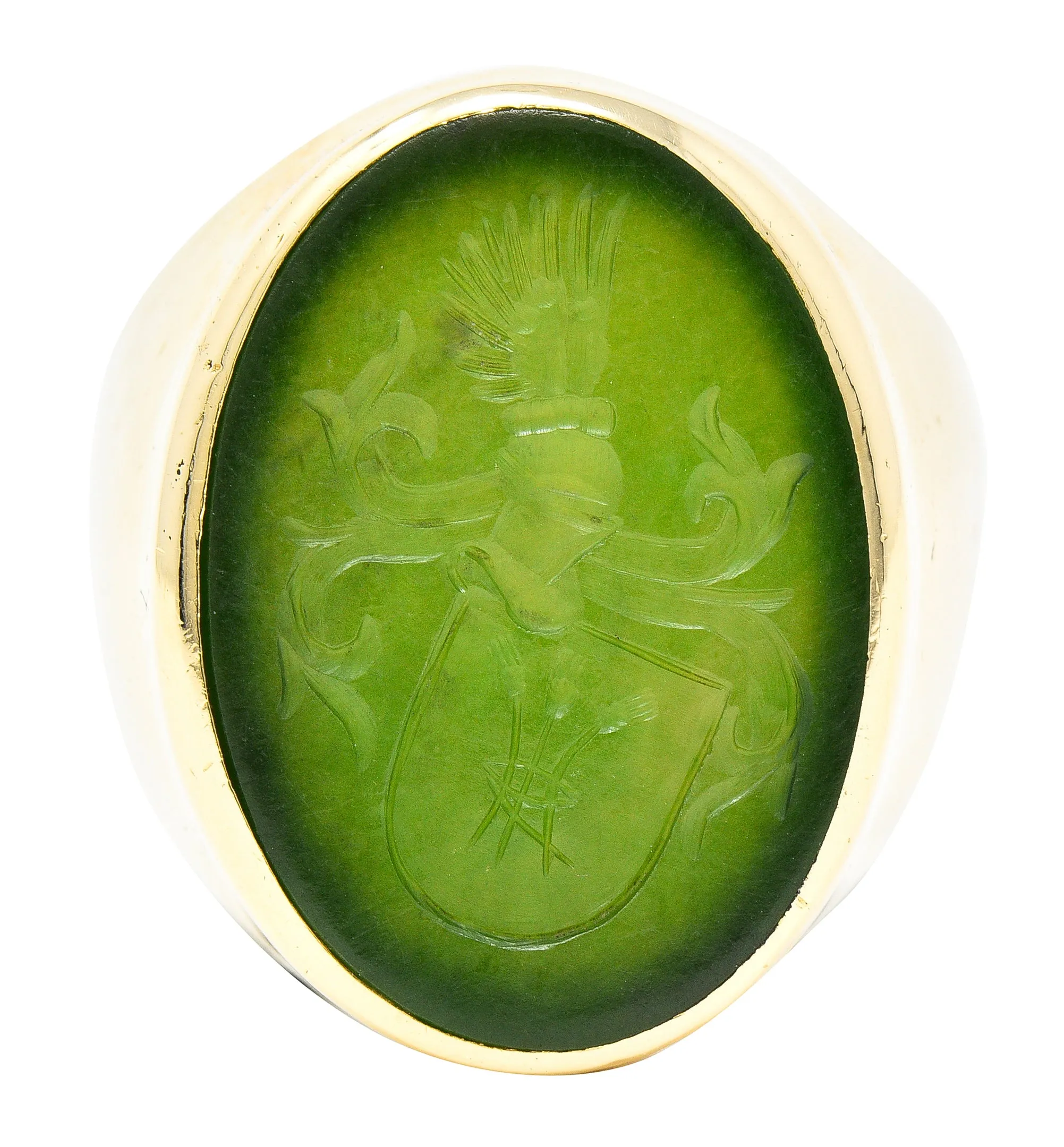 Victorian Nephrite Jade 14 Karat Yellow Gold Celtic Thistle Crest Carved Intaglio Antique Signet Ring