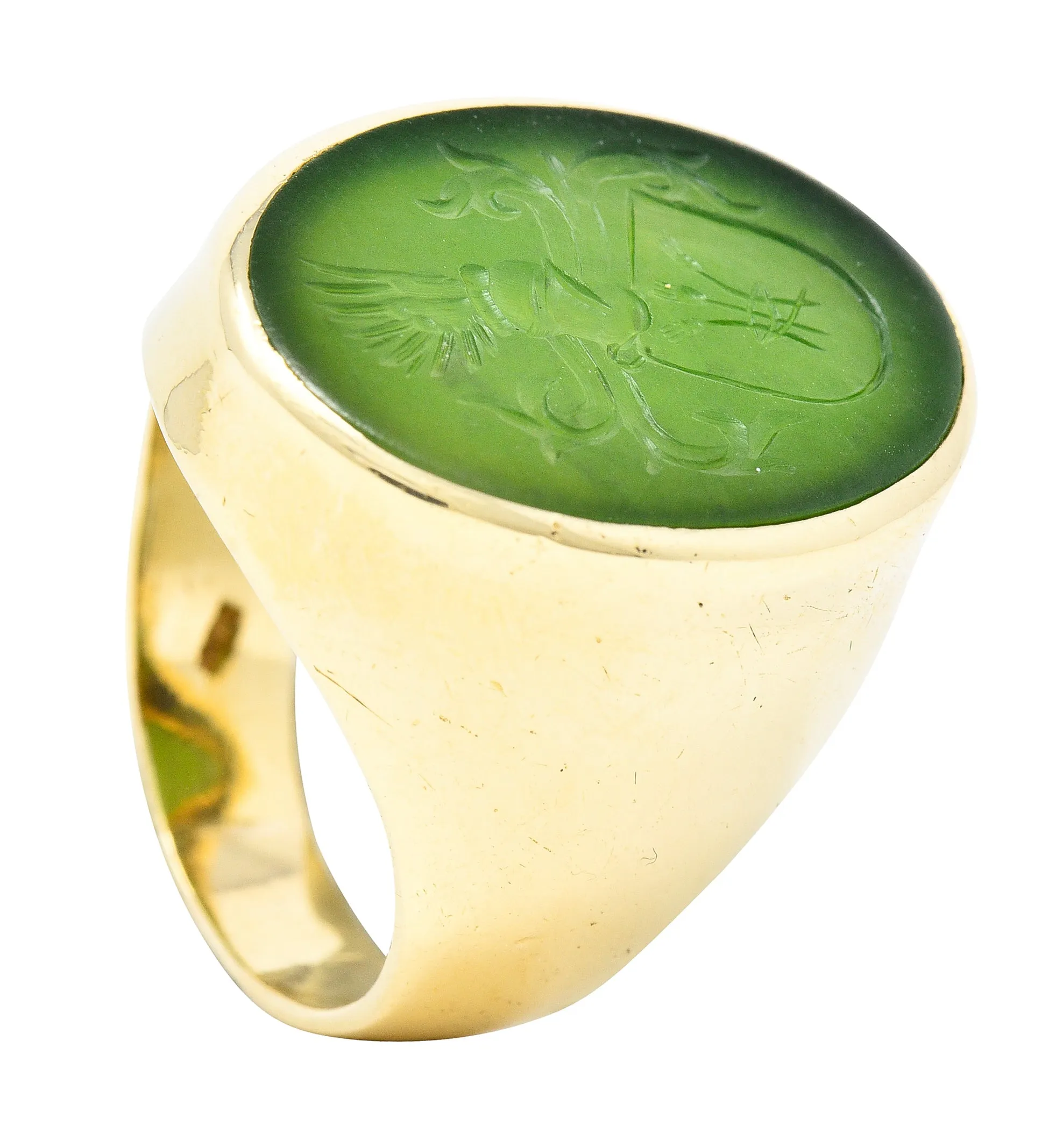 Victorian Nephrite Jade 14 Karat Yellow Gold Celtic Thistle Crest Carved Intaglio Antique Signet Ring