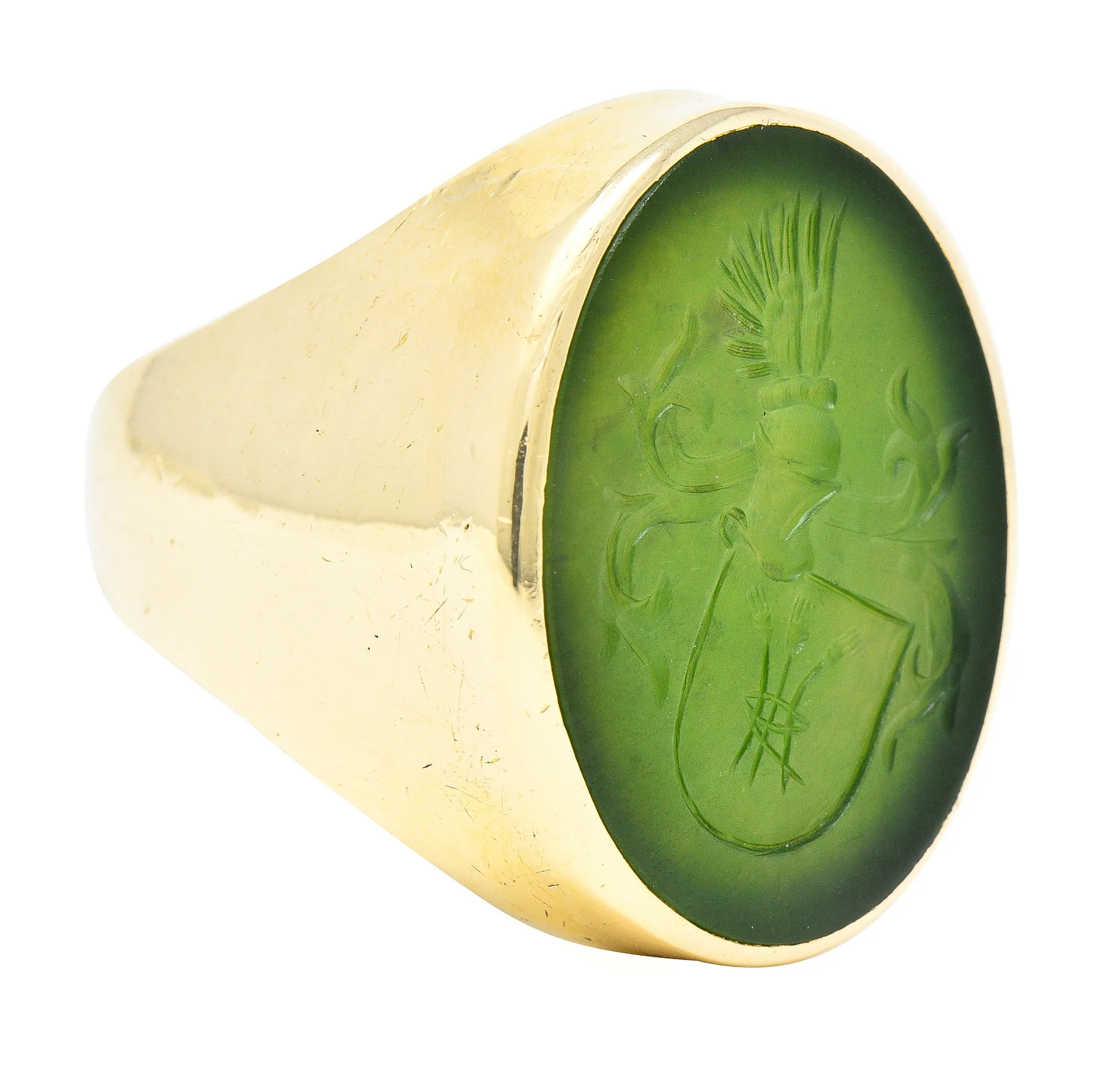 Victorian Nephrite Jade 14 Karat Yellow Gold Celtic Thistle Crest Carved Intaglio Antique Signet Ring