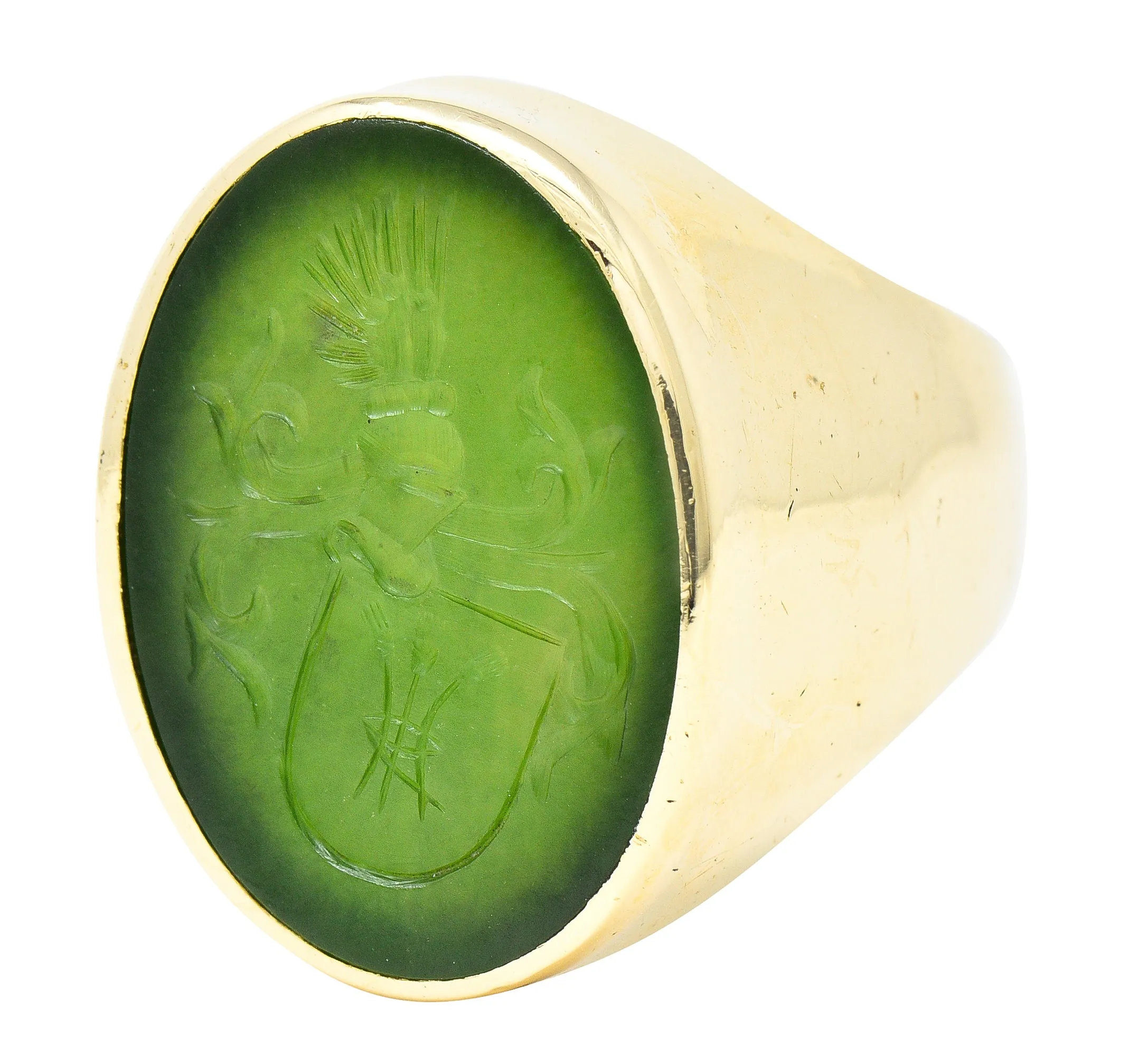 Victorian Nephrite Jade 14 Karat Yellow Gold Celtic Thistle Crest Carved Intaglio Antique Signet Ring