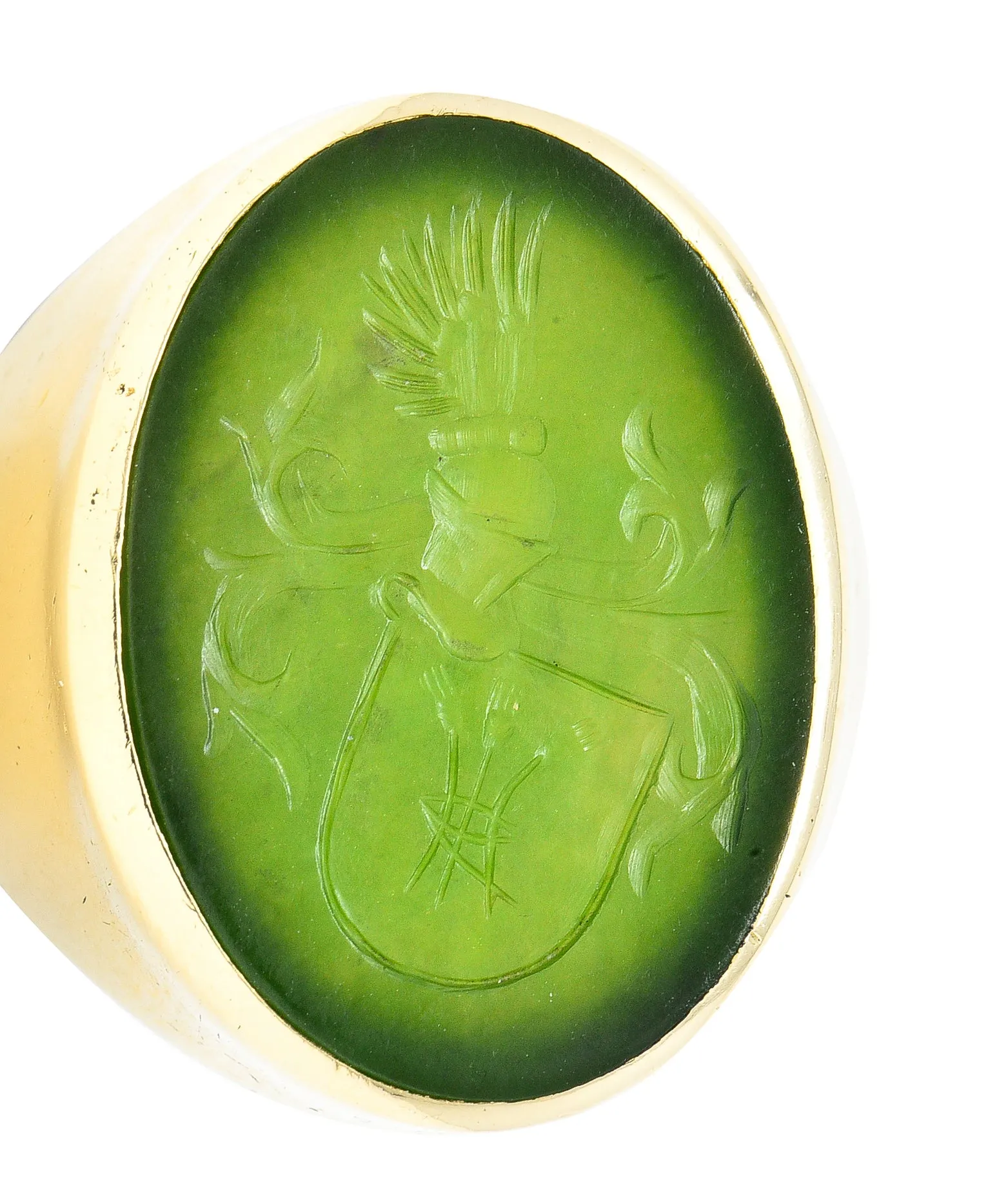 Victorian Nephrite Jade 14 Karat Yellow Gold Celtic Thistle Crest Carved Intaglio Antique Signet Ring