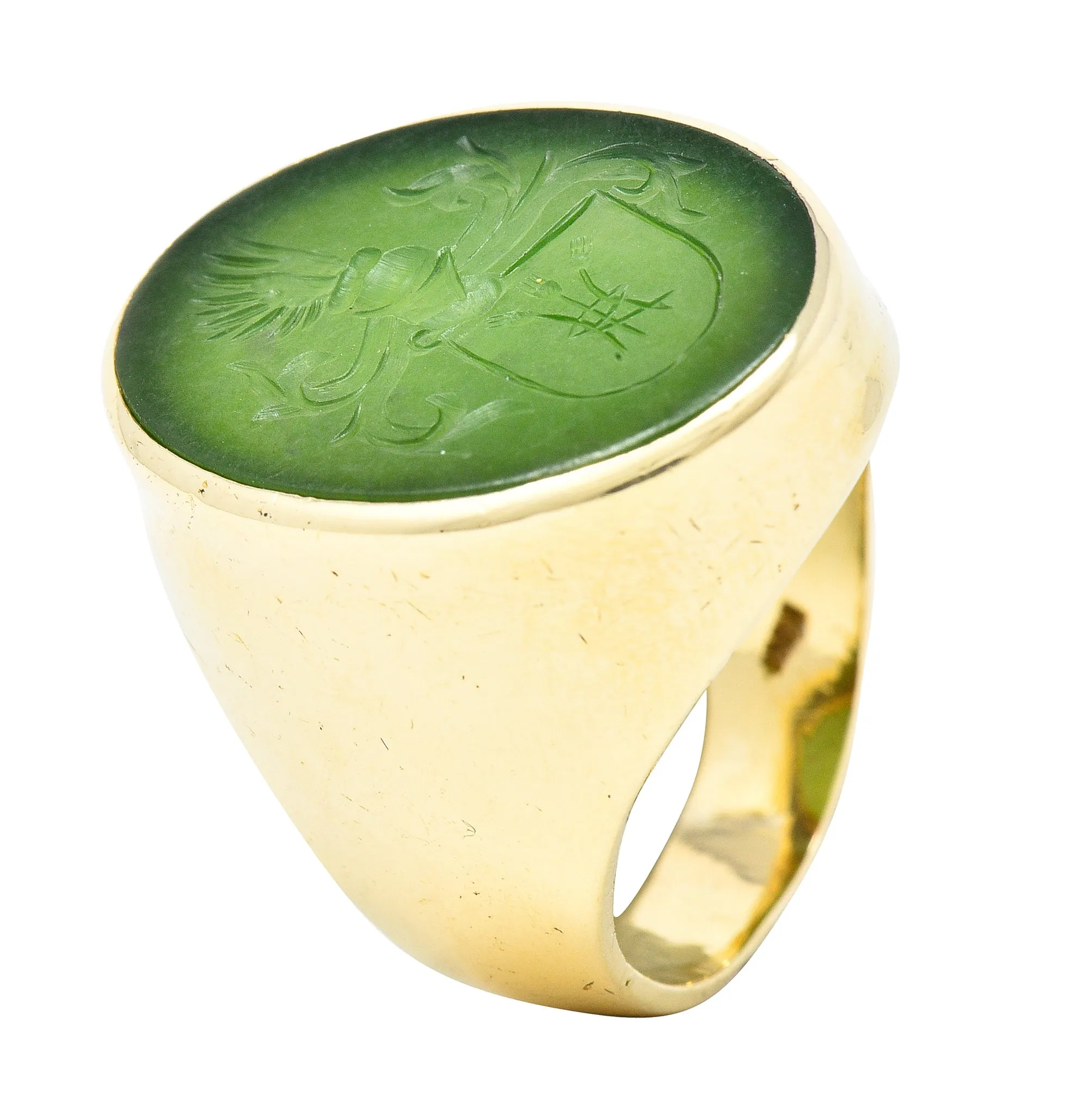 Victorian Nephrite Jade 14 Karat Yellow Gold Celtic Thistle Crest Carved Intaglio Antique Signet Ring