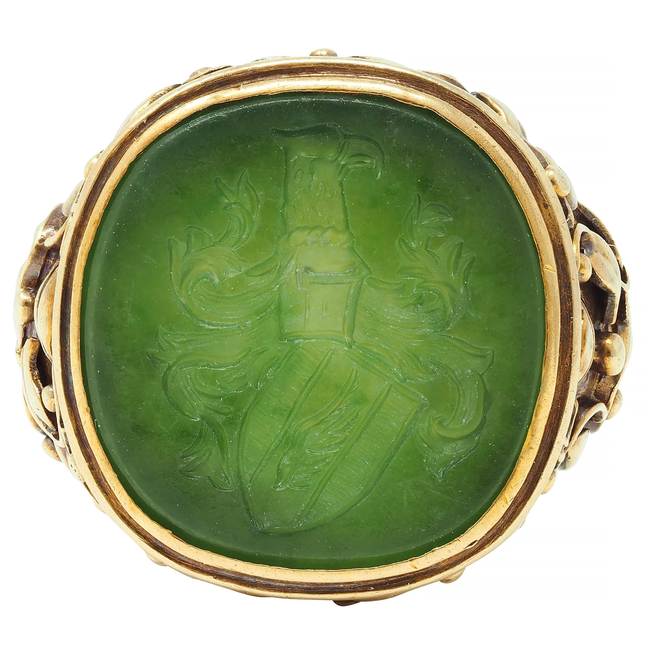 Victorian Nephrite Jade 14 Karat Yellow Gold Heraldry Intaglio Antique Unisex Ivy Signet Ring