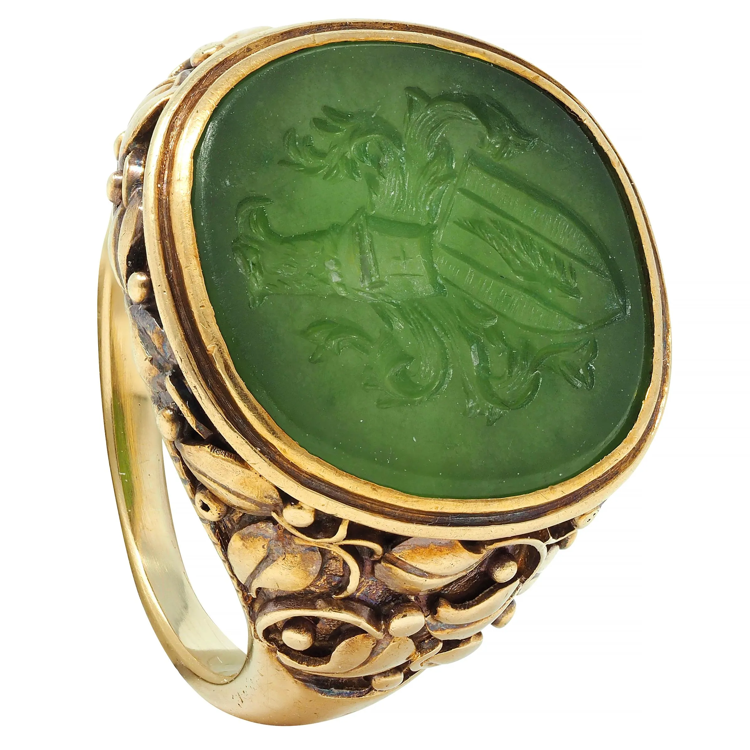 Victorian Nephrite Jade 14 Karat Yellow Gold Heraldry Intaglio Antique Unisex Ivy Signet Ring