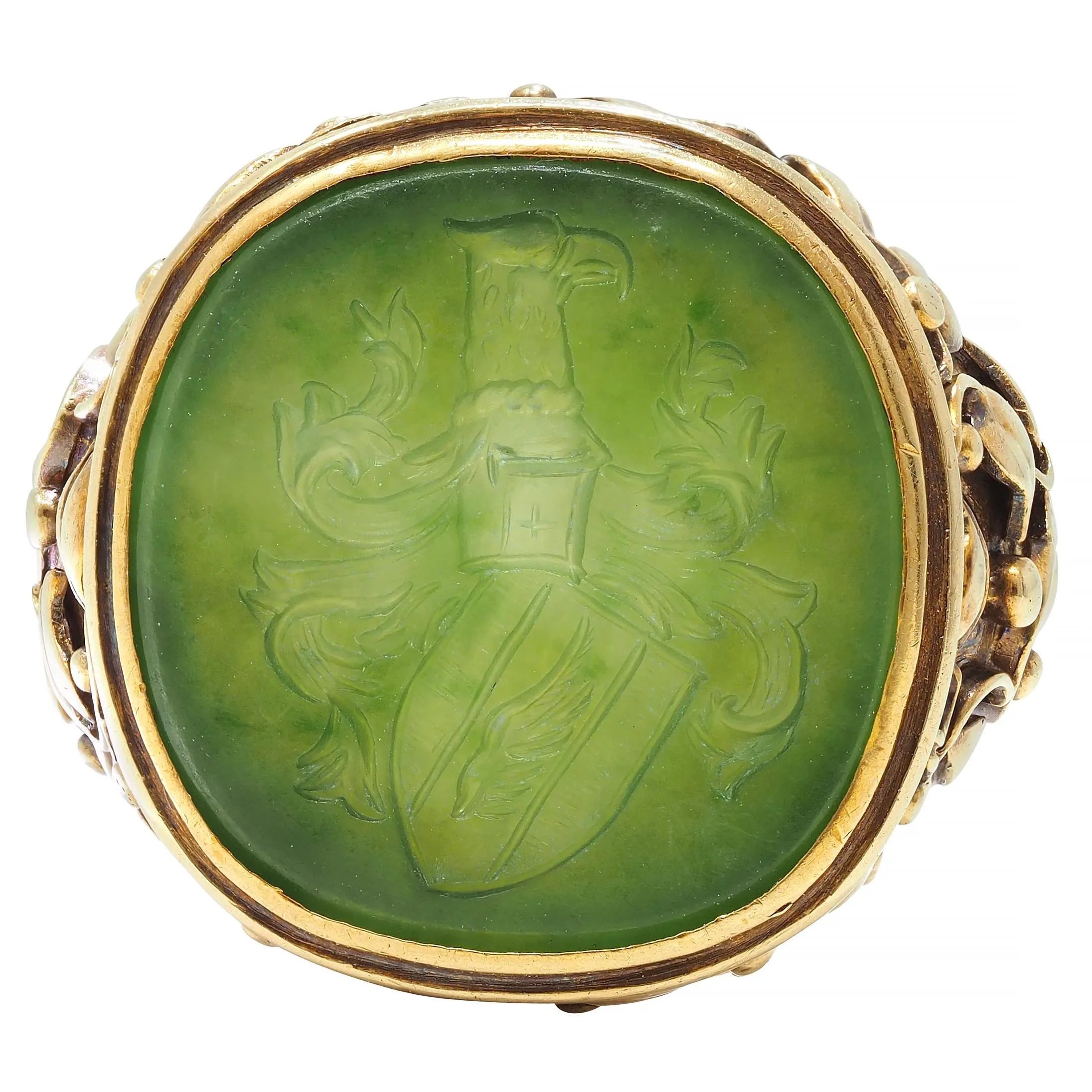 Victorian Nephrite Jade 14 Karat Yellow Gold Heraldry Intaglio Antique Unisex Ivy Signet Ring