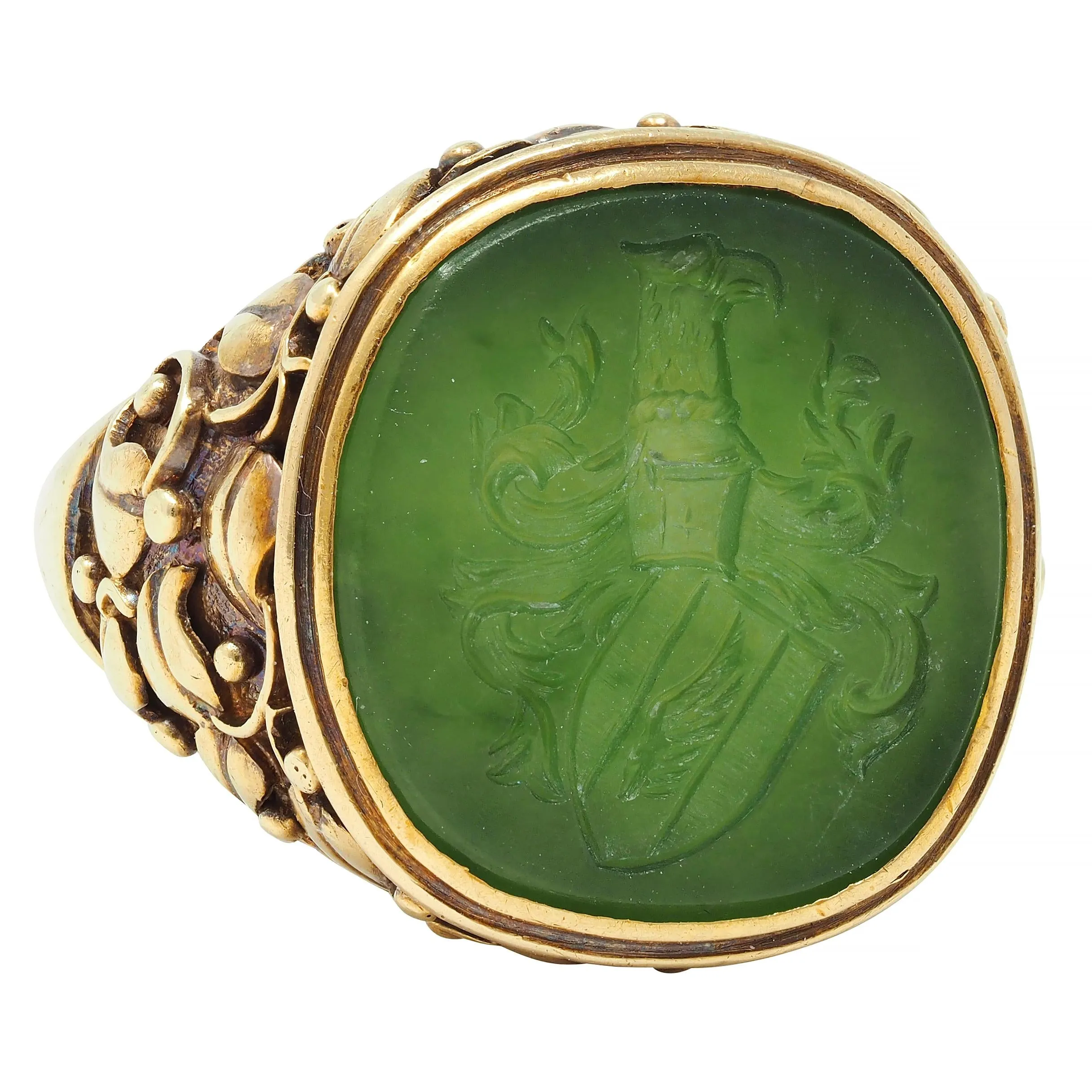 Victorian Nephrite Jade 14 Karat Yellow Gold Heraldry Intaglio Antique Unisex Ivy Signet Ring