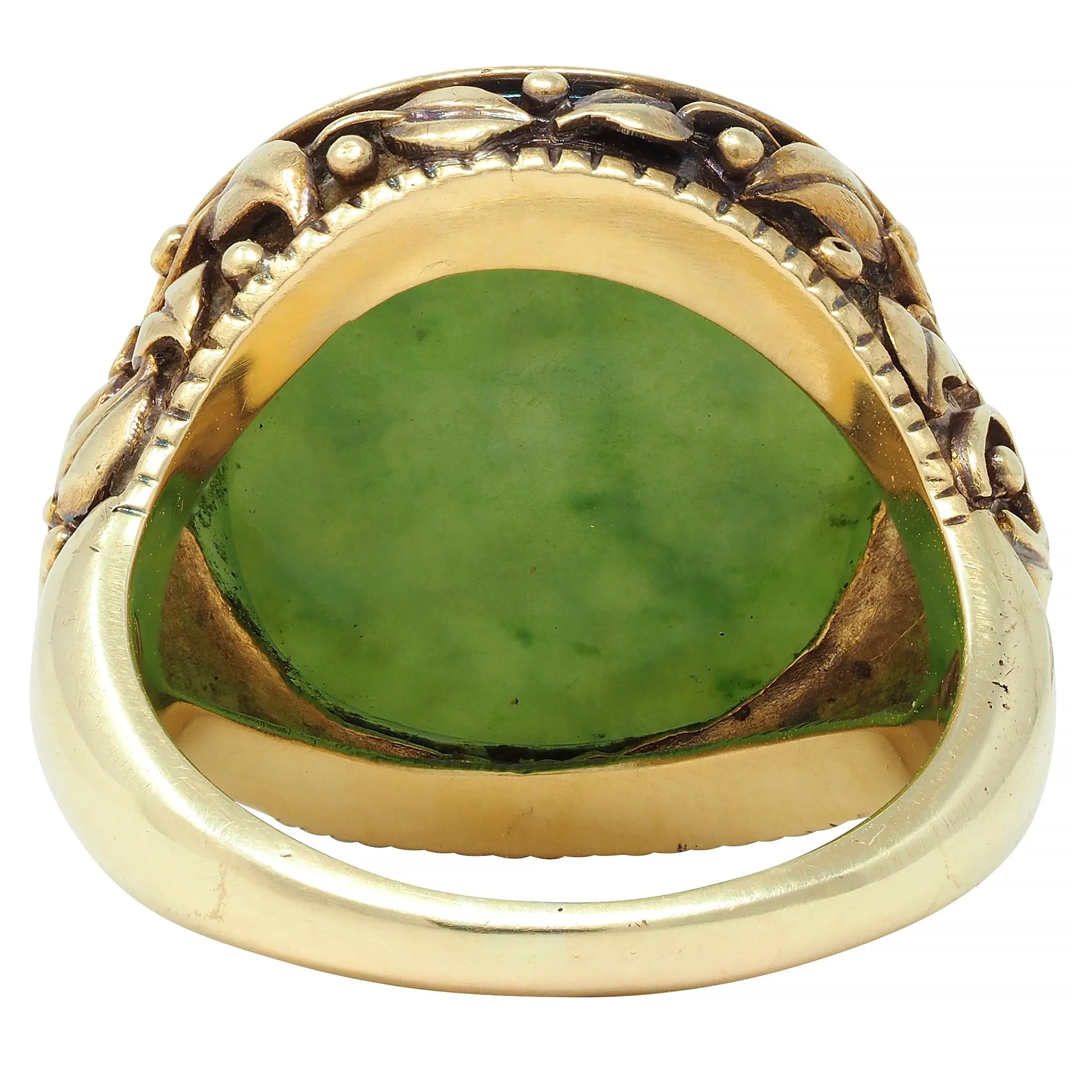 Victorian Nephrite Jade 14 Karat Yellow Gold Heraldry Intaglio Antique Unisex Ivy Signet Ring