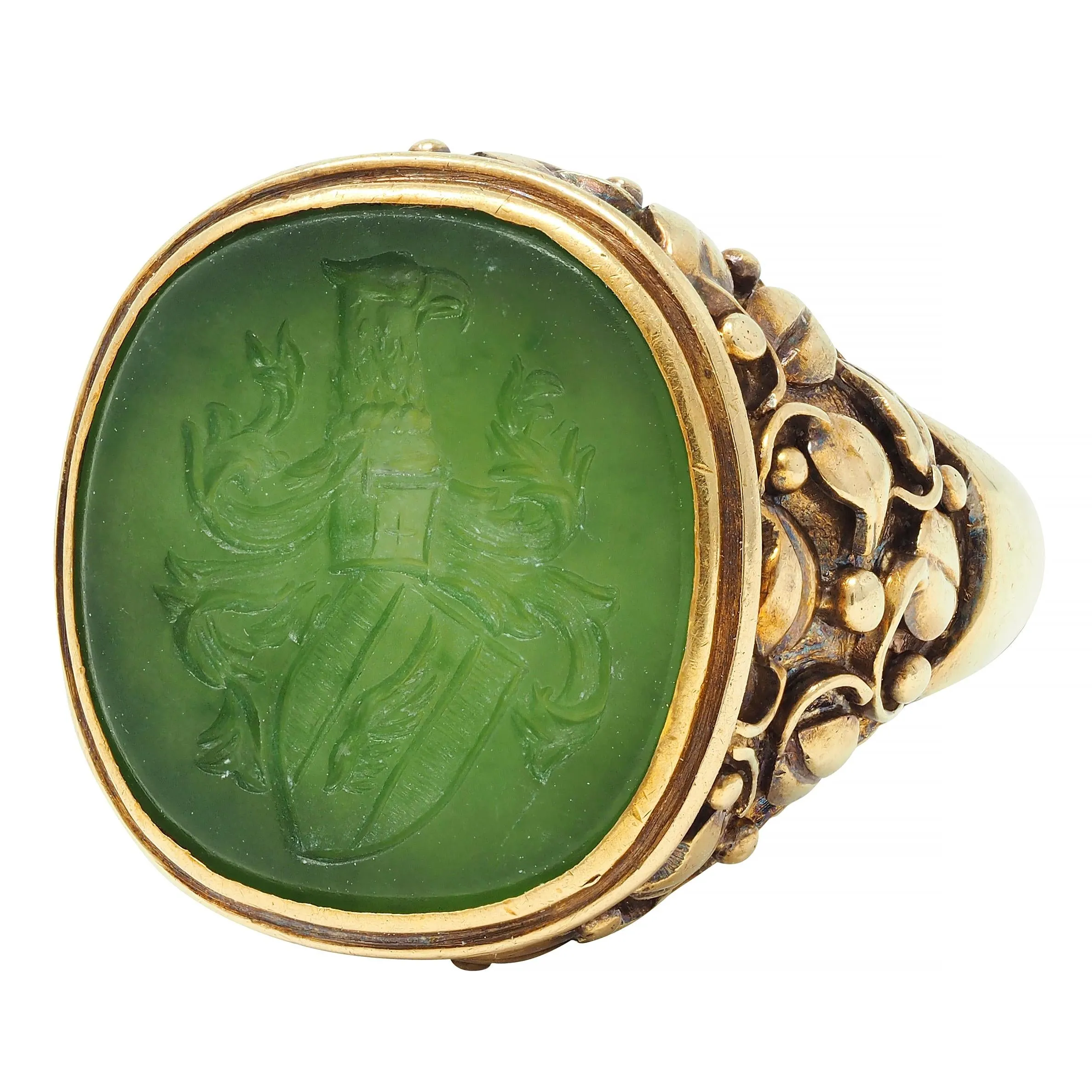 Victorian Nephrite Jade 14 Karat Yellow Gold Heraldry Intaglio Antique Unisex Ivy Signet Ring