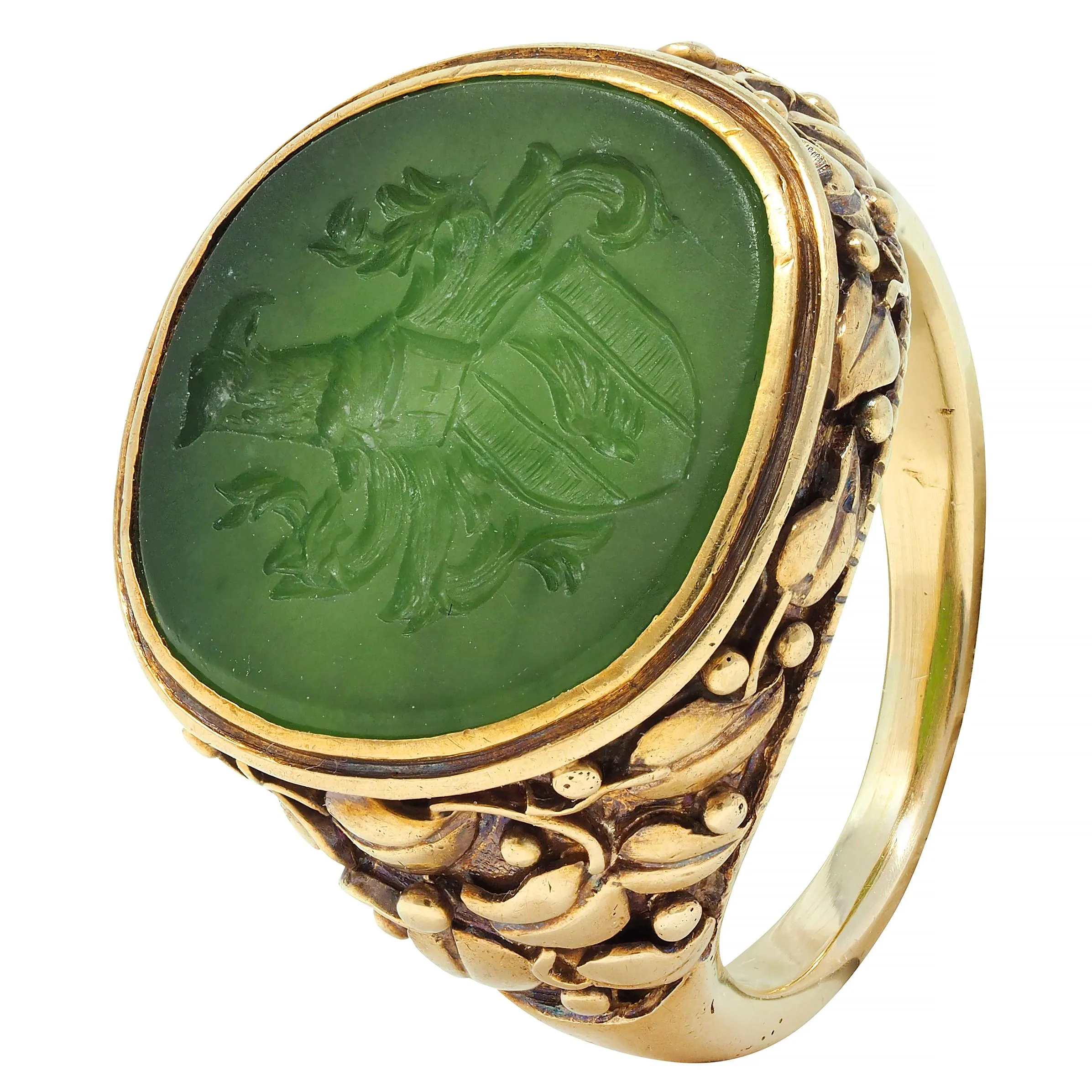 Victorian Nephrite Jade 14 Karat Yellow Gold Heraldry Intaglio Antique Unisex Ivy Signet Ring