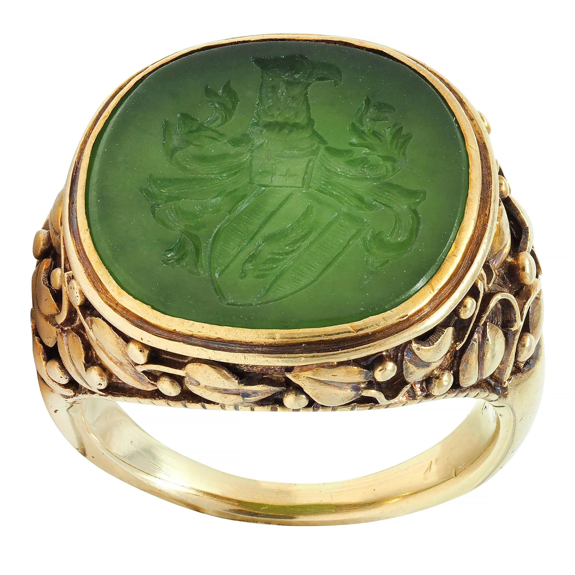 Victorian Nephrite Jade 14 Karat Yellow Gold Heraldry Intaglio Antique Unisex Ivy Signet Ring