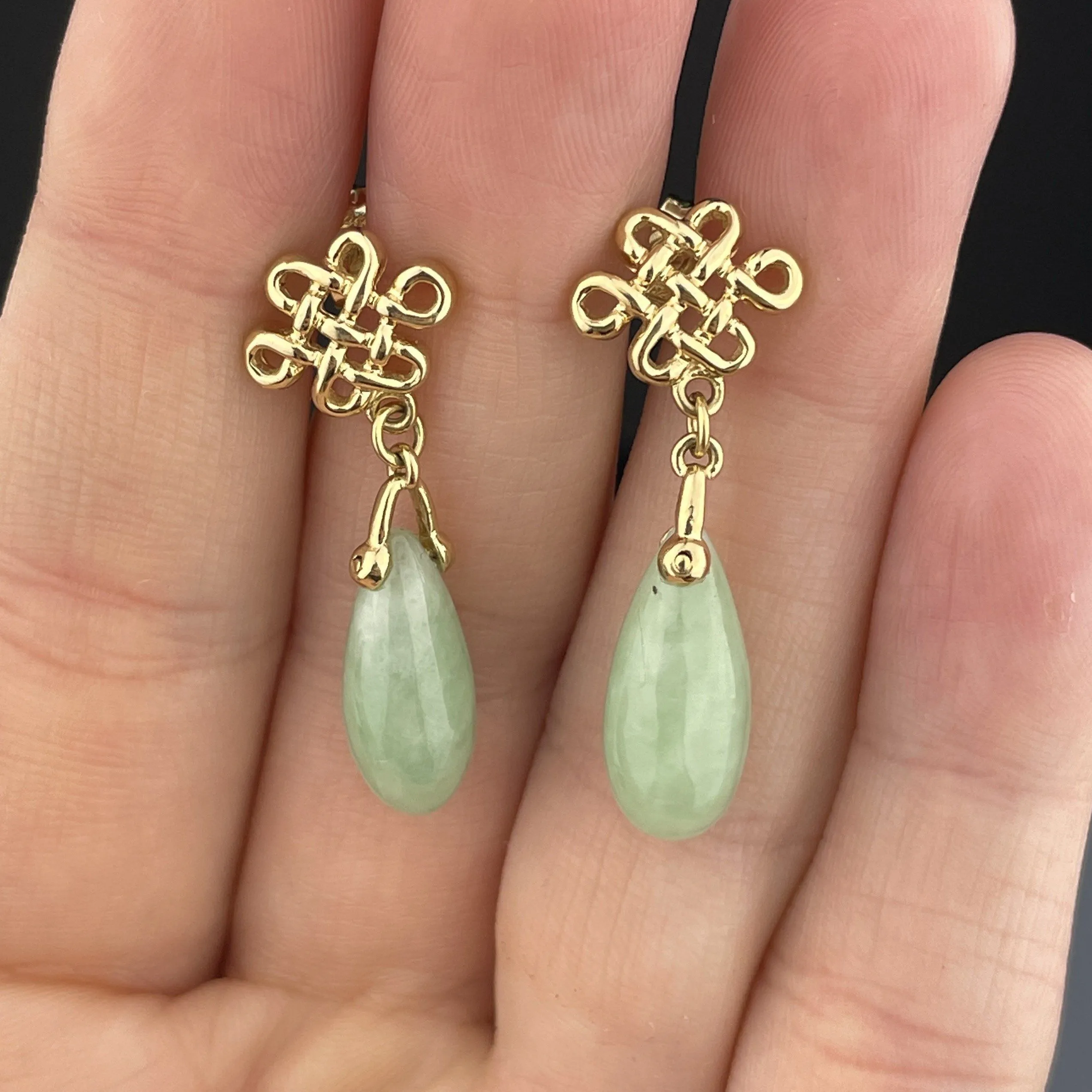 Vintage 14K Gold Celtic Love Knot Natural Jade Teardrop Earrings