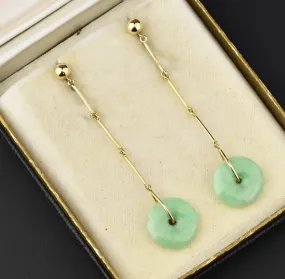 VIntage 14K Jade Disc Long Dangle Earrings, 2 1/3 in.