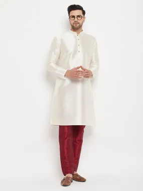 VM BY VASTRAMAY Men's Cream Cotton Silk Blend Kurta and Maroon Pant Style Pyjama Set