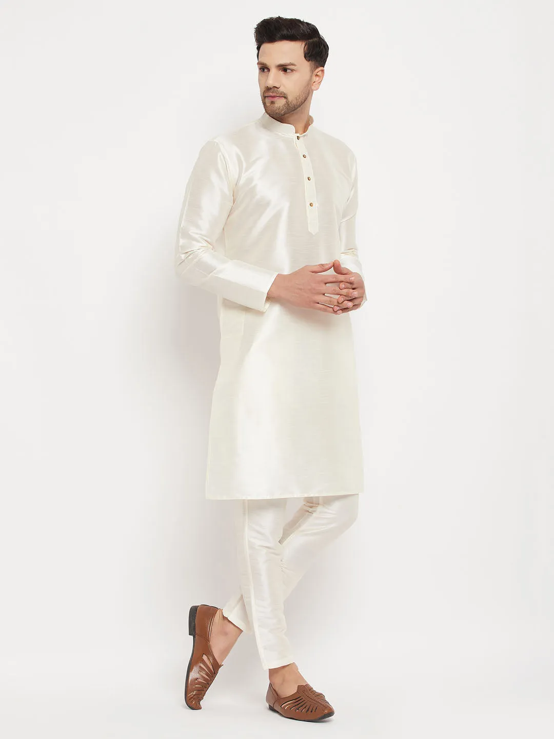 VM BY VASTRAMAY Men's Cream Cotton Silk Blend Kurta and Pant Style Pyjama Set