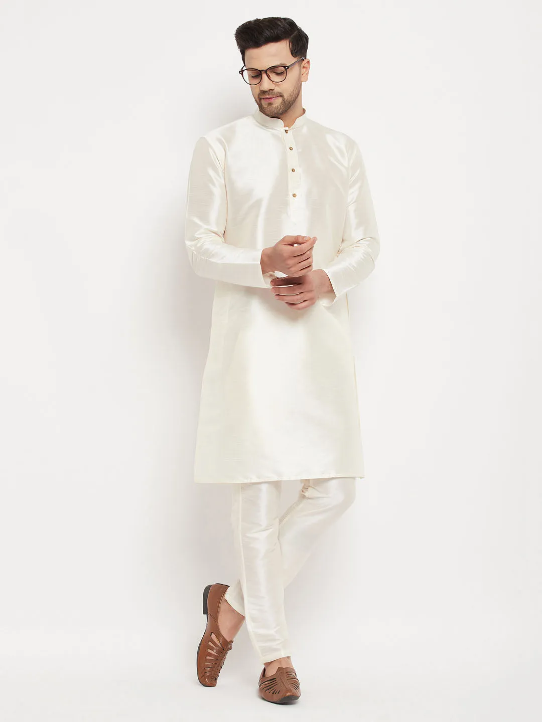 VM BY VASTRAMAY Men's Cream Cotton Silk Blend Kurta and Pant Style Pyjama Set