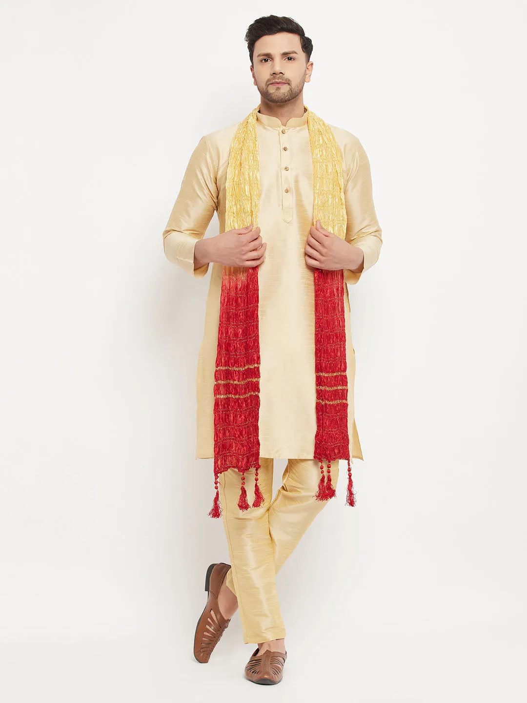 VM BY VASTRAMAY Men's Gold Cotton Silk Blend Kurta and Gold Pant Style Pyjama Set With Dupatta