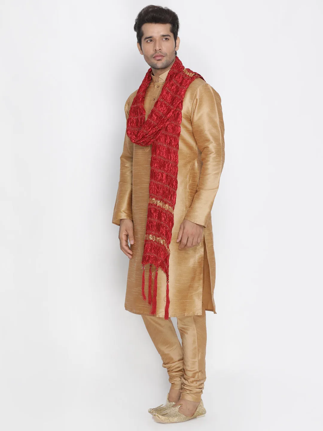 VM By VASTRAMAY Men's Gold Cotton Silk Blend Kurta, Pyjama & Dupatta Set