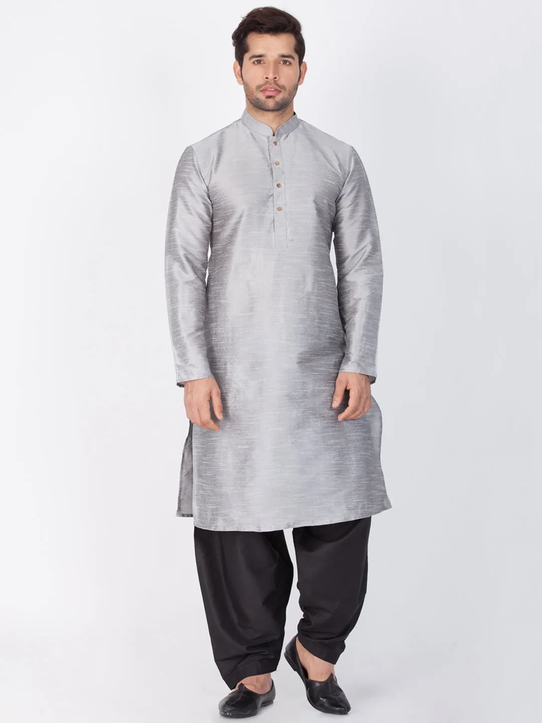 VM BY VASTRAMAY Men's Grey Cotton Silk Blend Kurta and Dhoti Pant Set