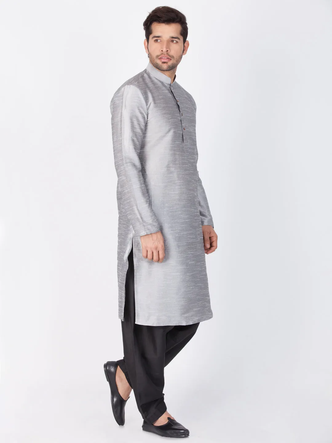 VM BY VASTRAMAY Men's Grey Cotton Silk Blend Kurta and Dhoti Pant Set